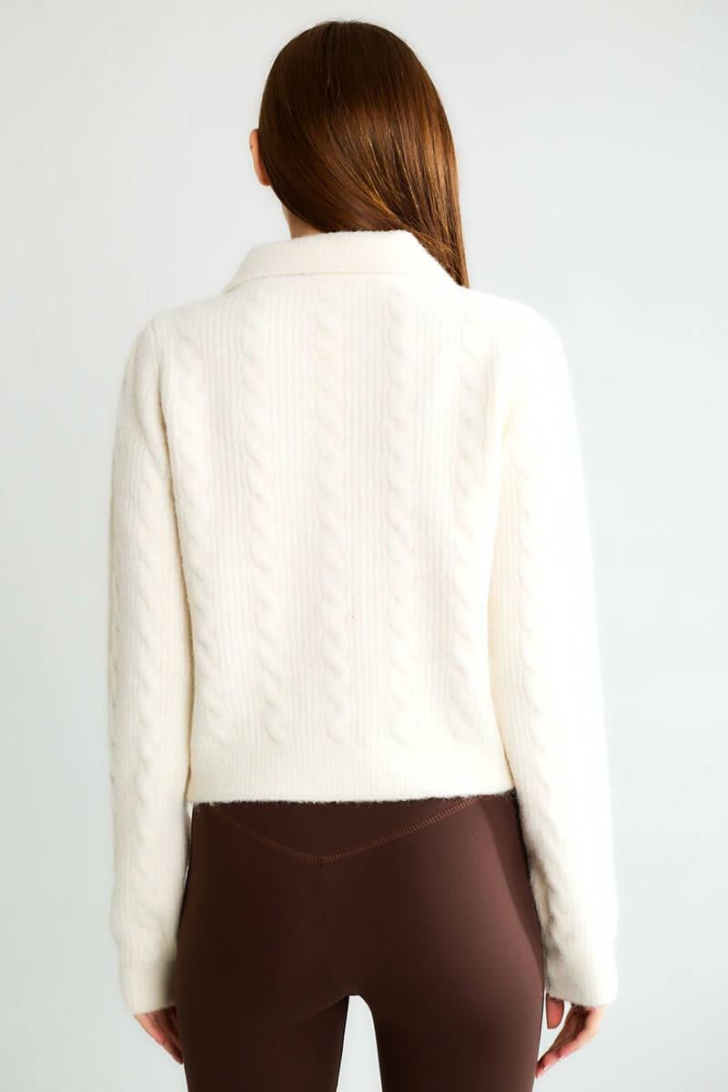 T95083 Fiyonk Düğmeli Polo Yaka Saç Örgü Crop Hırka