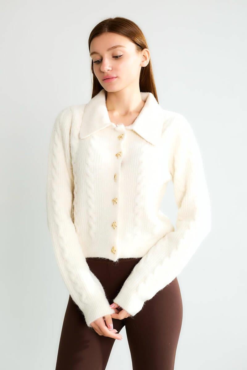 T95083 Fiyonk Düğmeli Polo Yaka Saç Örgü Crop Hırka