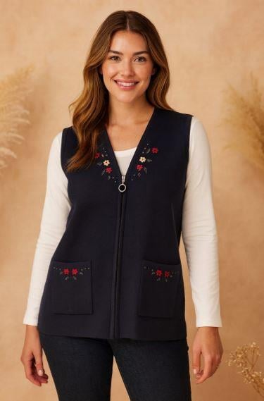 Ü8012 Nakışlı Fermuarlı Triko Yelek