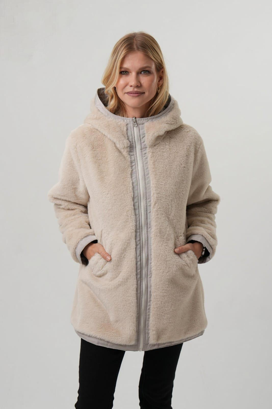 VİOLET Kapüşonlu Bele Bağcıklı İçi Peluş Kürklü Kadın Mont