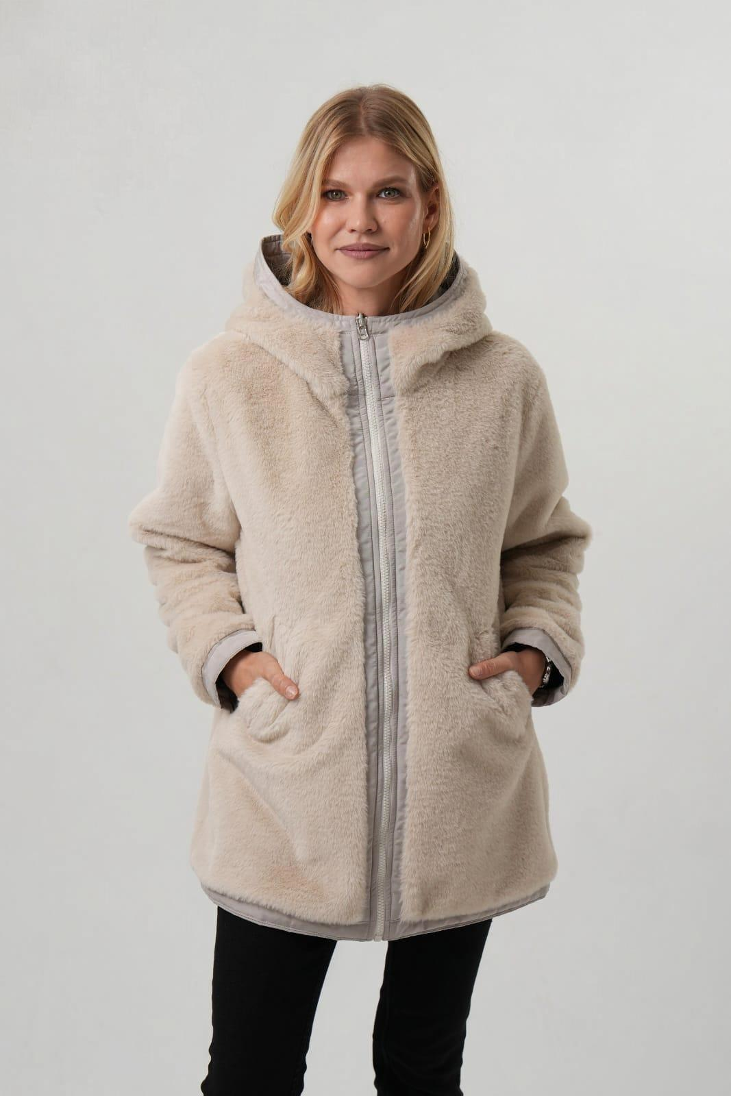 VİOLET Kapüşonlu Bele Bağcıklı İçi Peluş Kürklü Kadın Mont