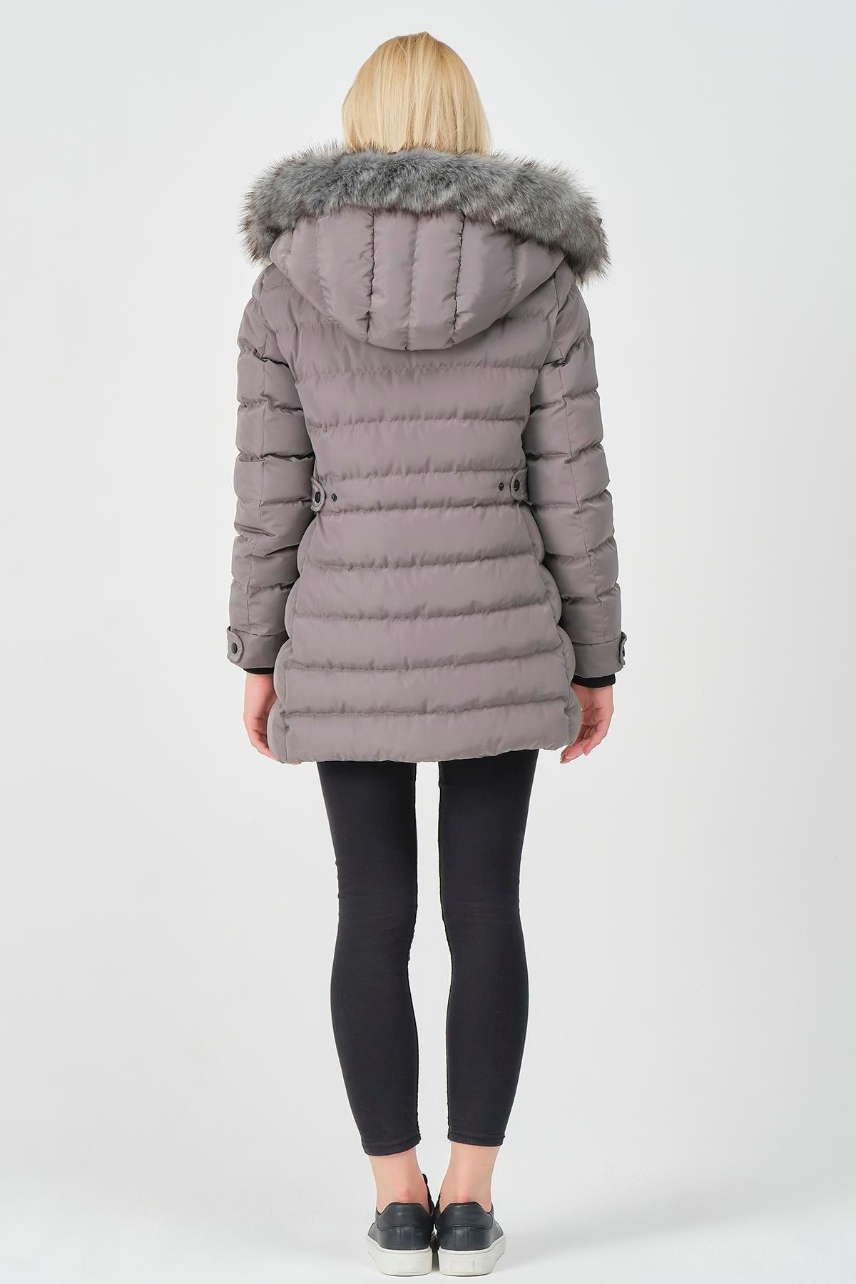 YASMİN25 Kapüşonu Kürklü Beli Çıtçıtlı Slimfit Detay Mont