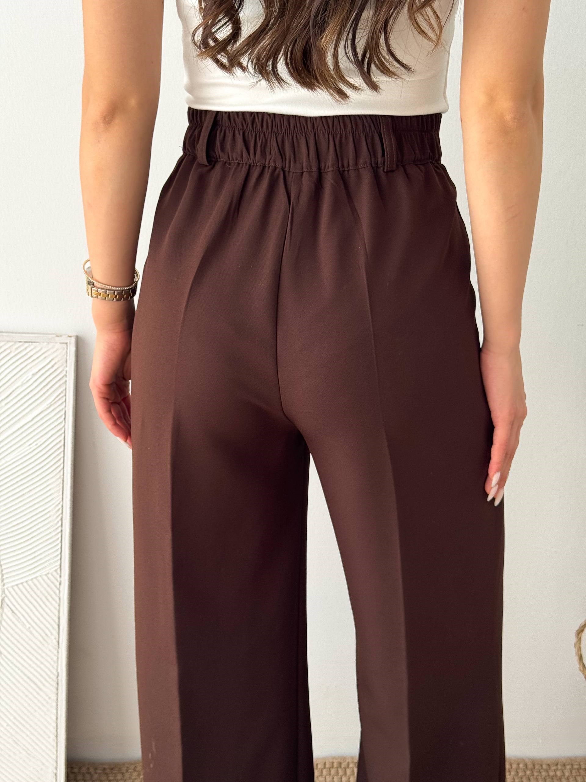 ARKA LASTİK DETAY KAHVERENGİ PALAZZO PANTALON