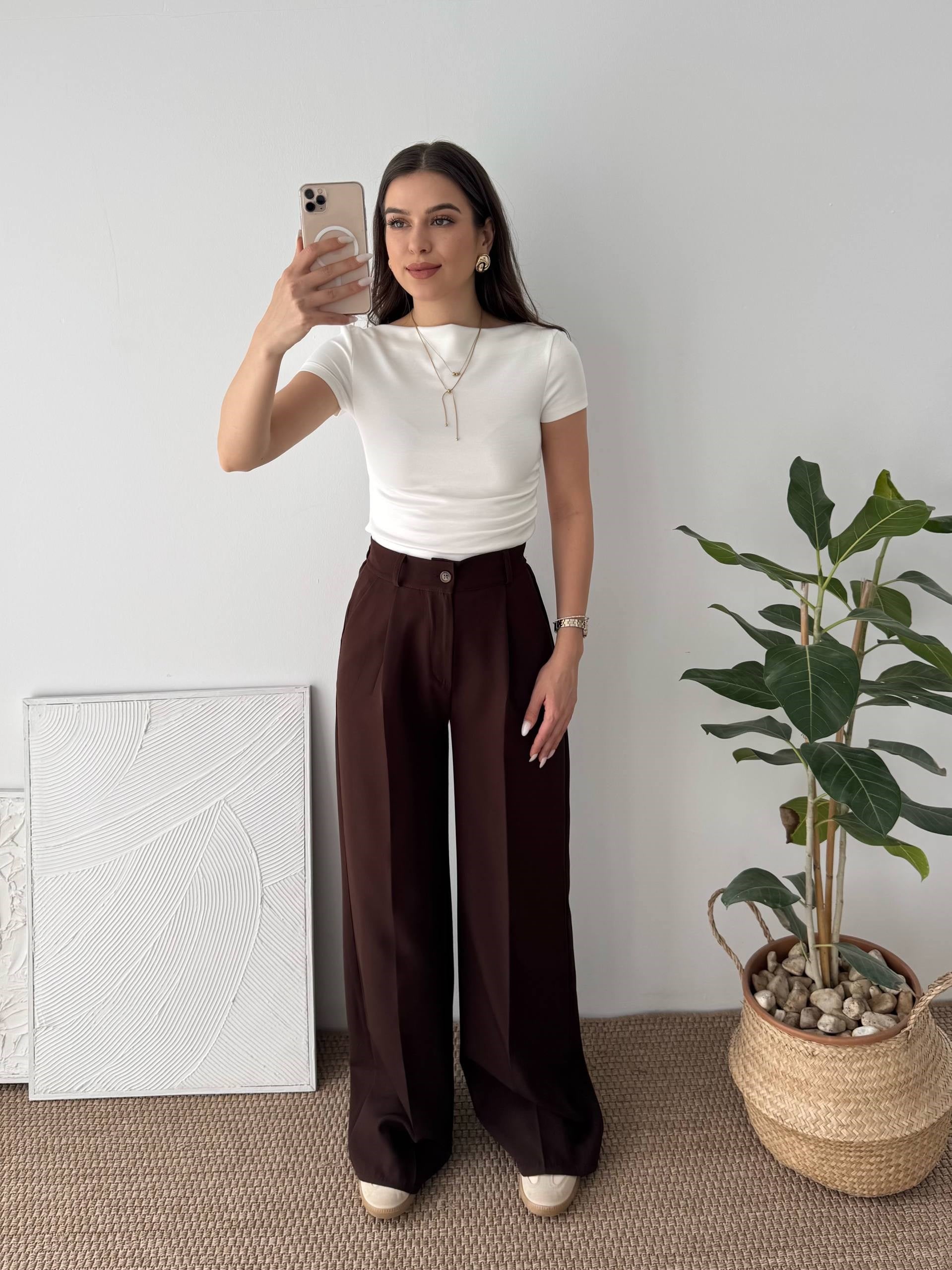 ARKA LASTİK DETAY KAHVERENGİ PALAZZO PANTALON