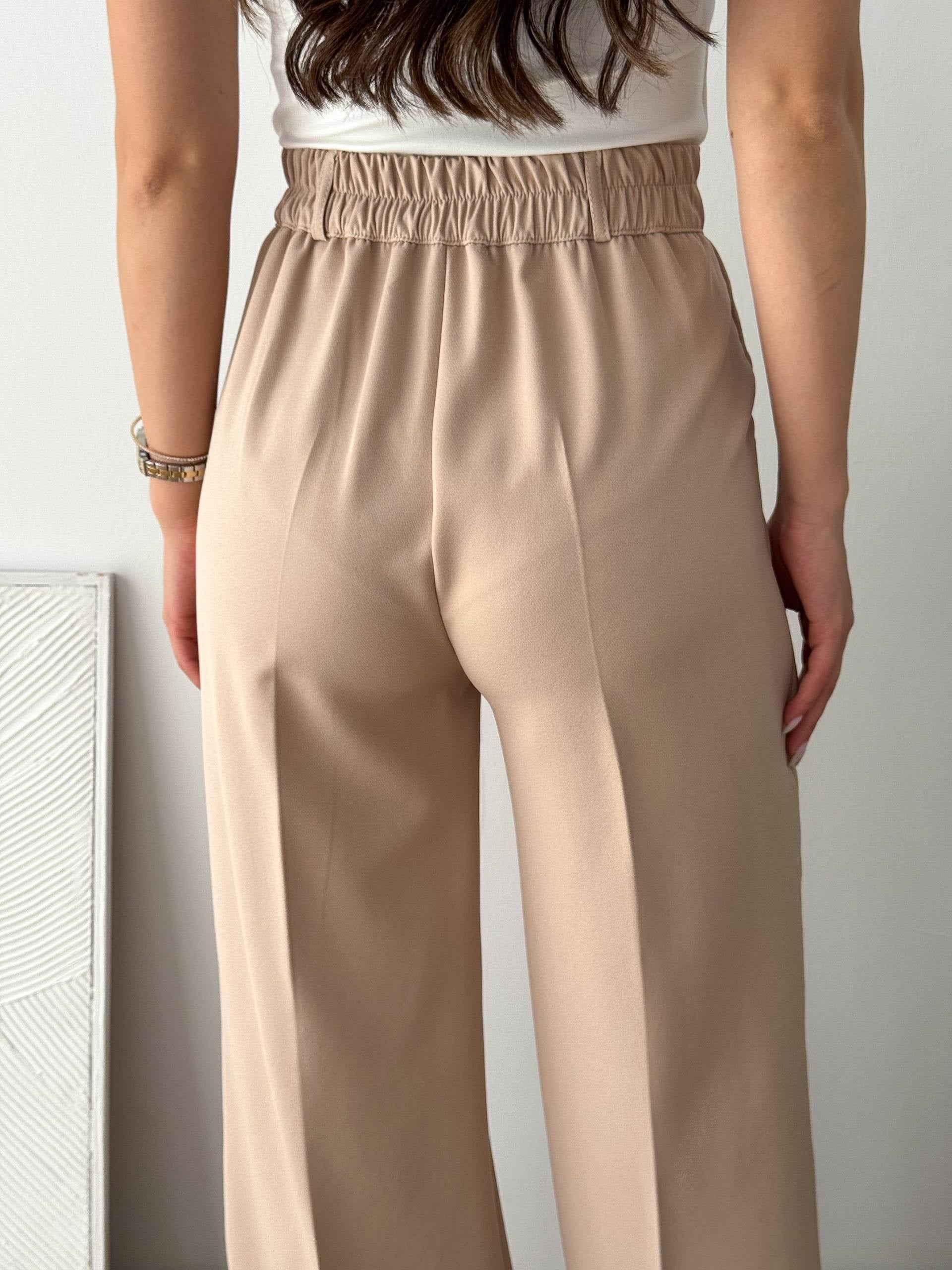 ARKA LASTİK DETAY KREM PALAZZO PANTALON