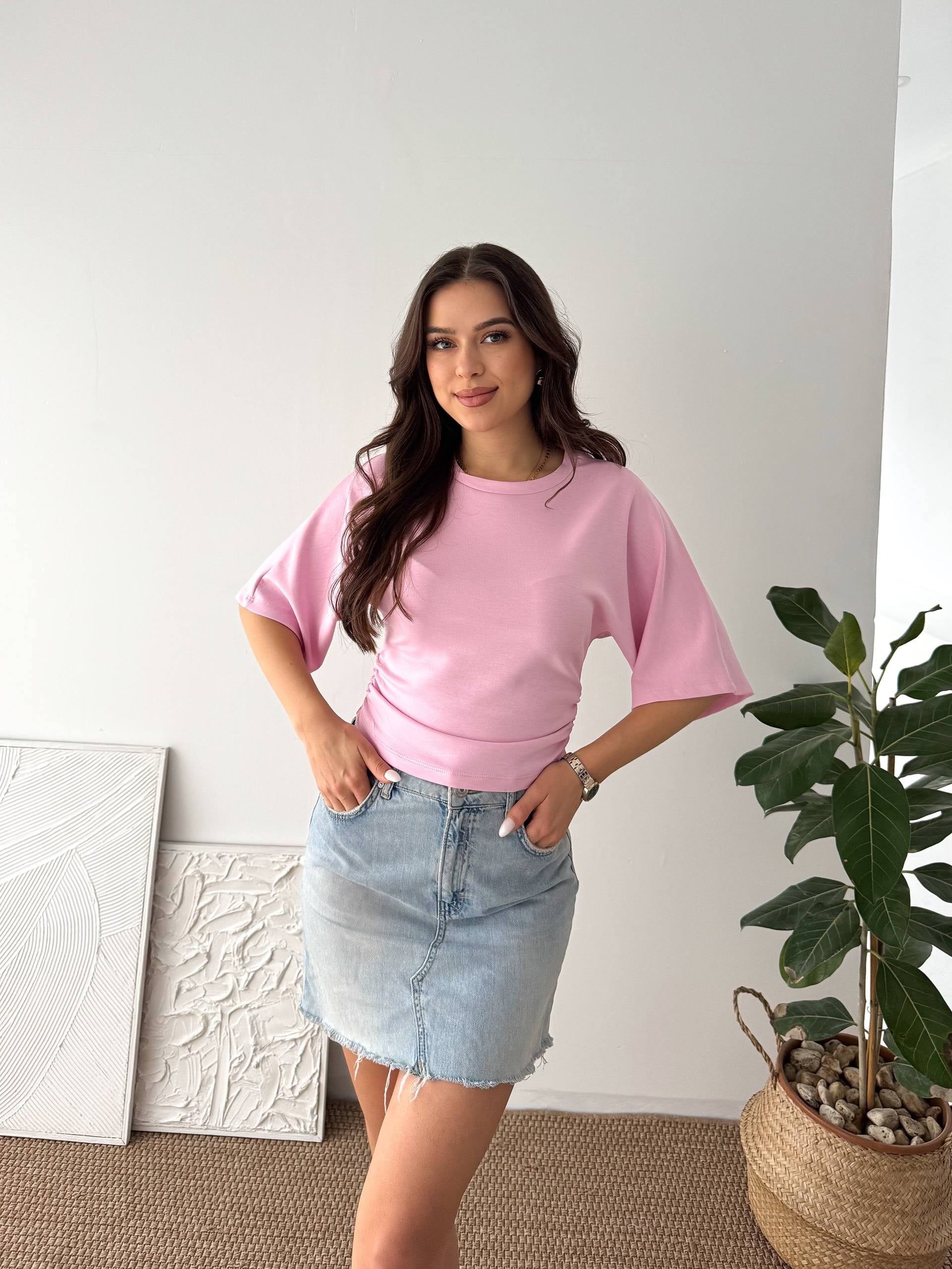 BEL BÜZGÜLÜ KISAKOL PEMBE BLUZ 