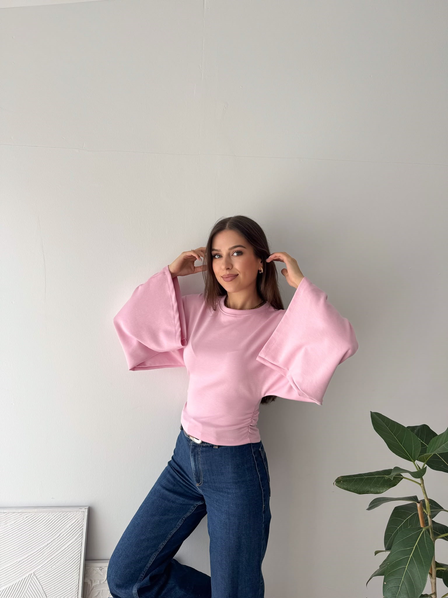 BEL BÜZGÜLÜ UZUN KOL PEMBE BLUZ