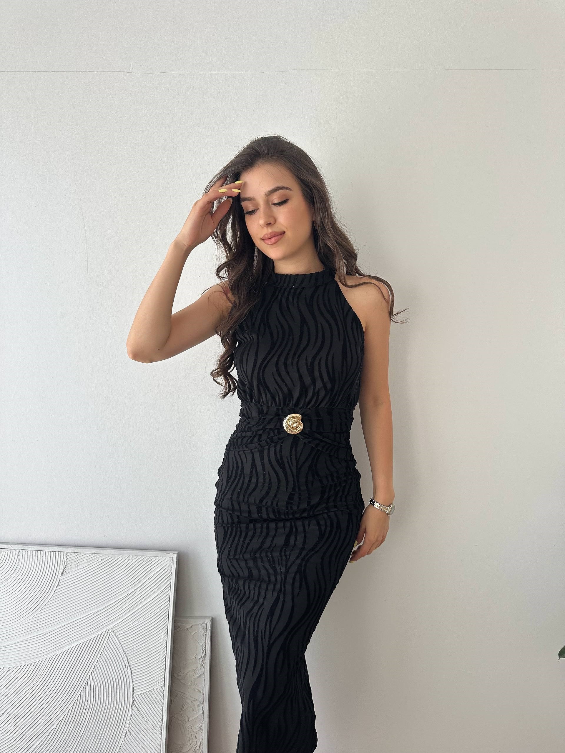 BRONŞ DETAY SİYAH UZUN ABİYE ELBİSE