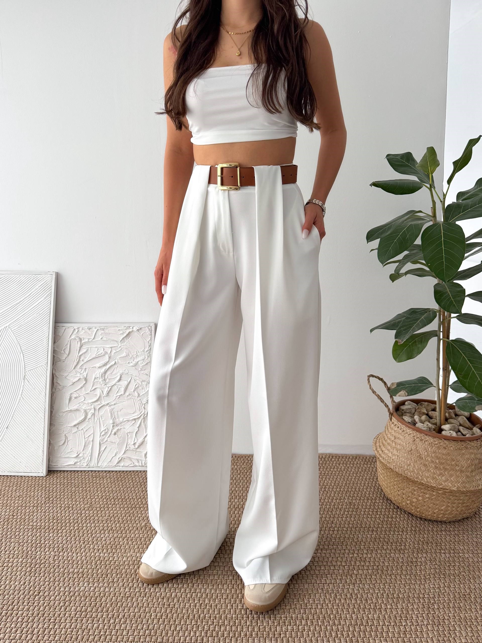DOUBLE KUMAŞ KEMERLİ BEYAZ KUMAŞ PANTALON