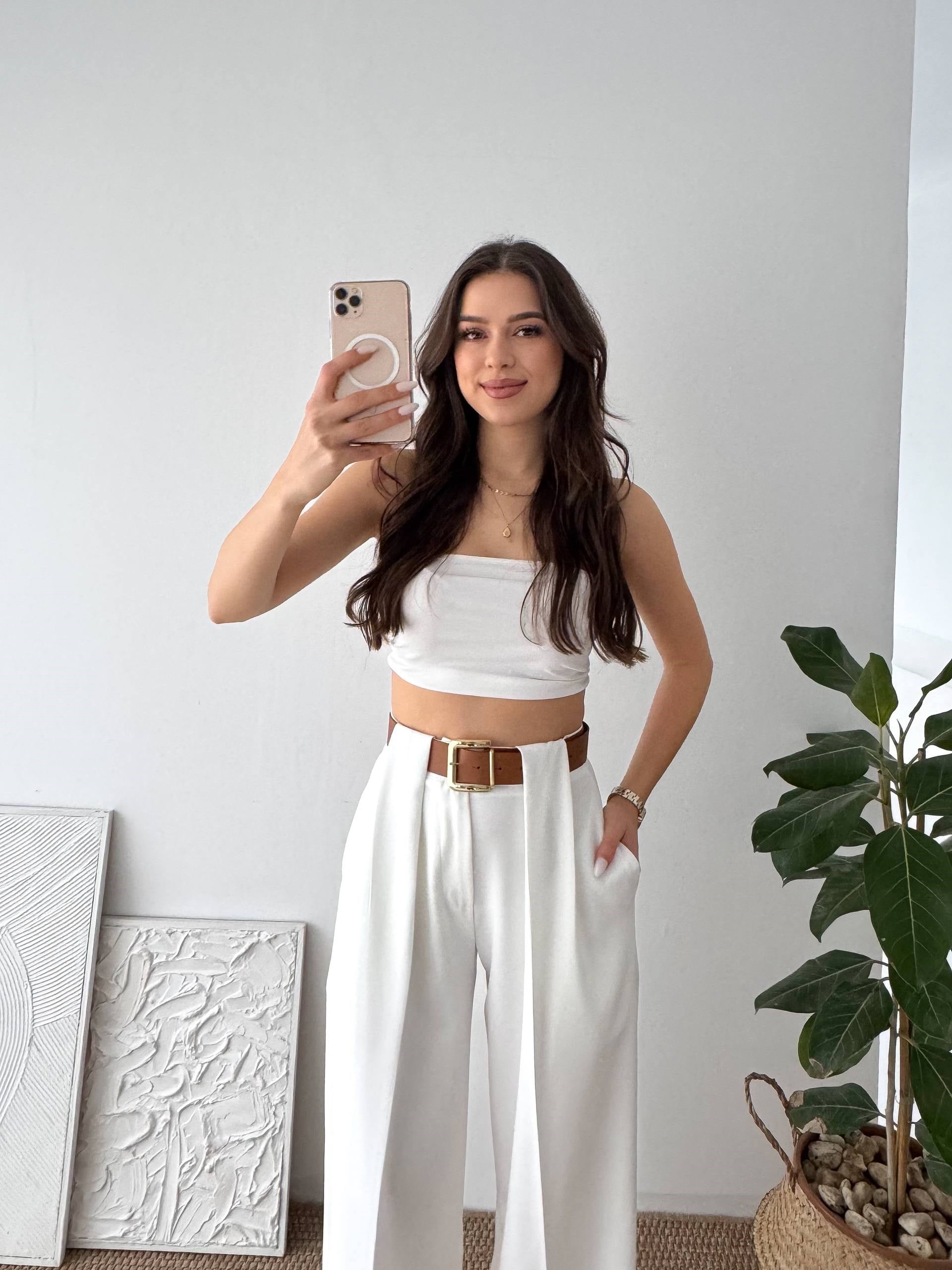 DOUBLE KUMAŞ KEMERLİ BEYAZ KUMAŞ PANTALON