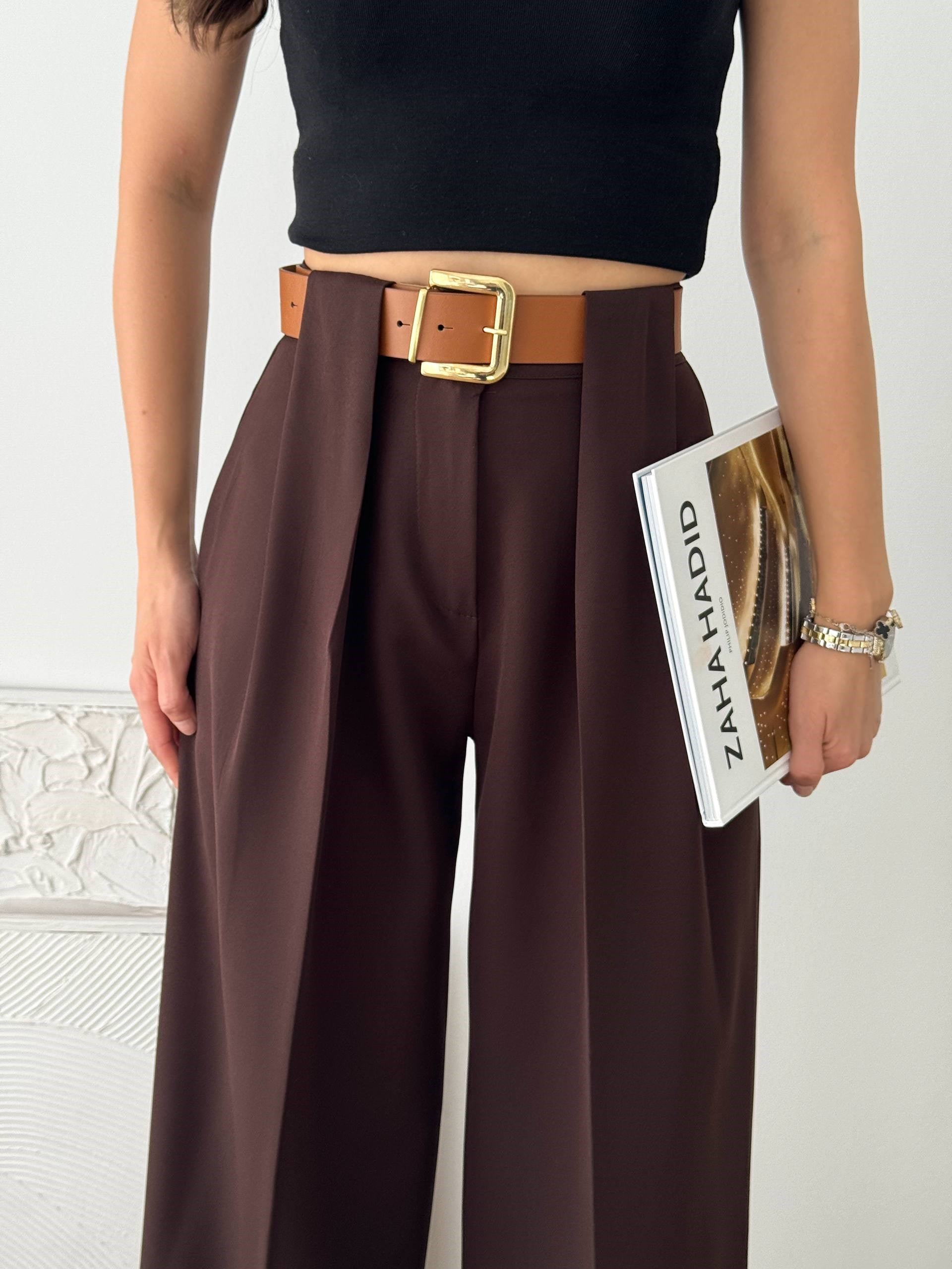 DOUBLE KUMAŞ KEMERLİ BORDO KUMAŞ PANTALON