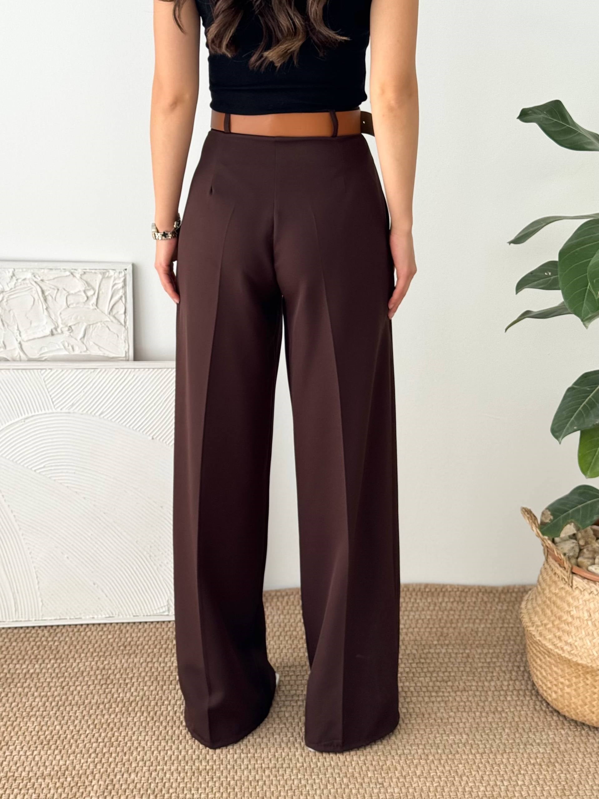 DOUBLE KUMAŞ KEMERLİ BORDO KUMAŞ PANTALON