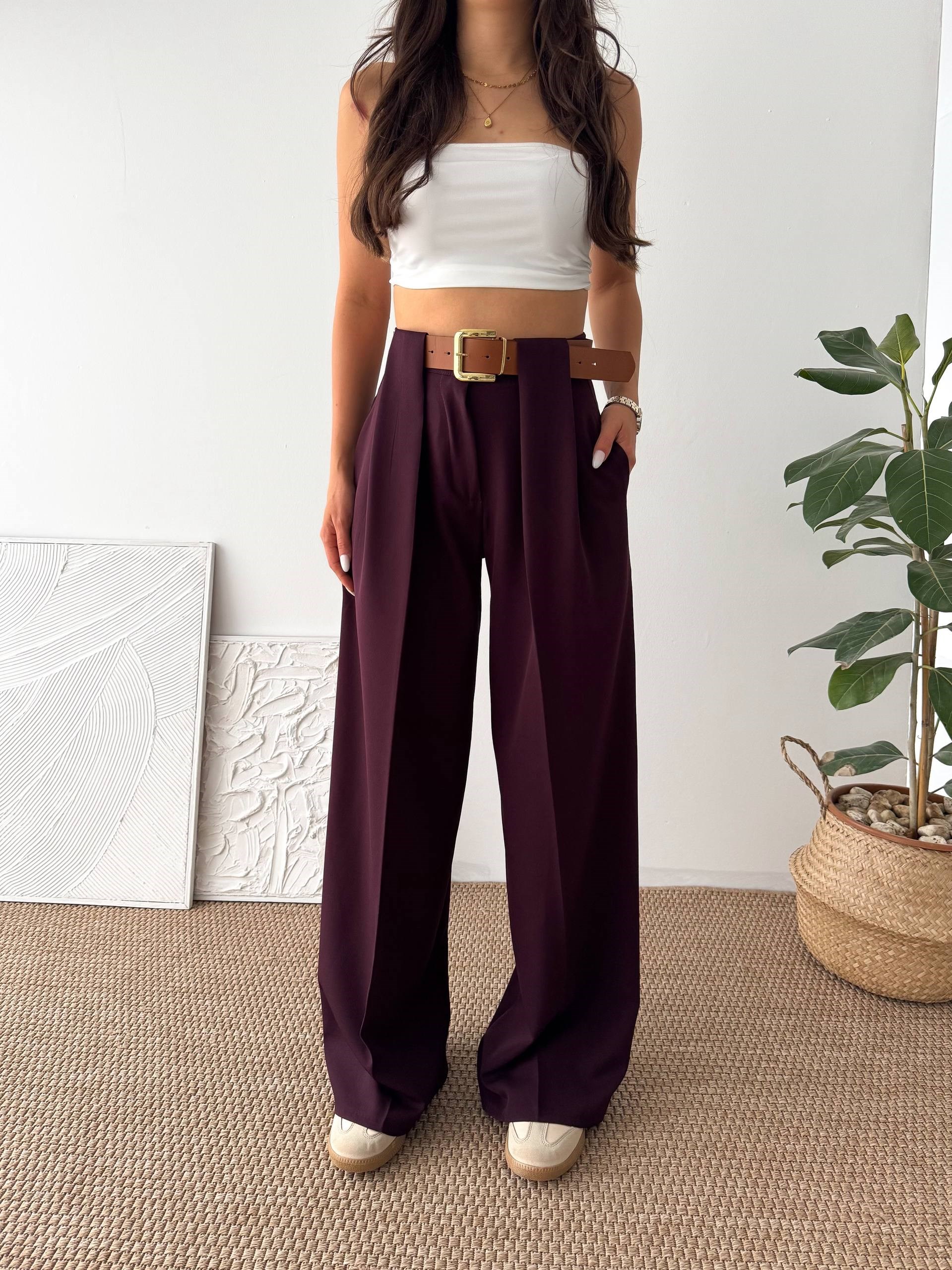 DOUBLE KUMAŞ KEMERLİ BORDO KUMAŞ PANTALON
