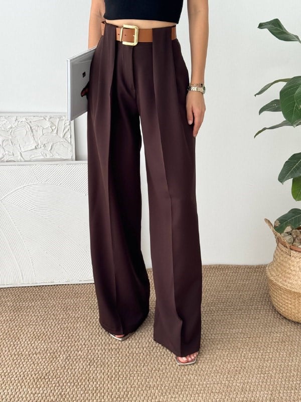 DOUBLE KUMAŞ KEMERLİ BORDO KUMAŞ PANTALON