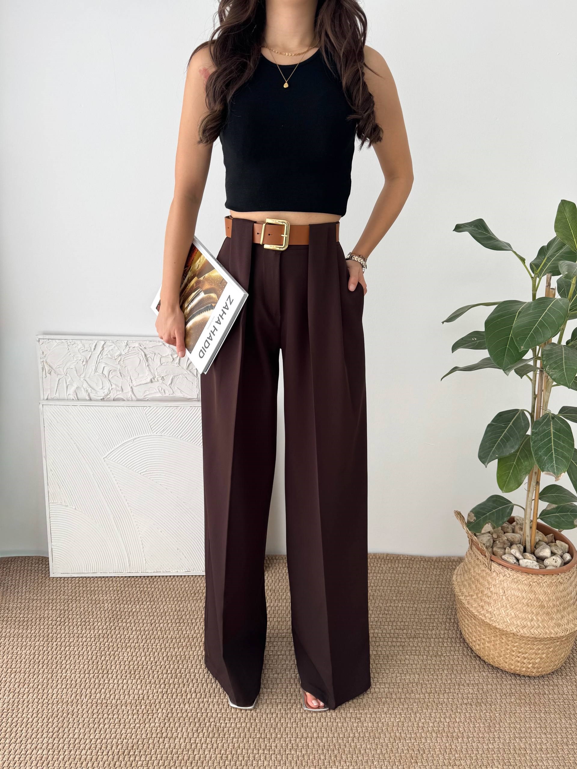 DOUBLE KUMAŞ KEMERLİ BORDO KUMAŞ PANTALON