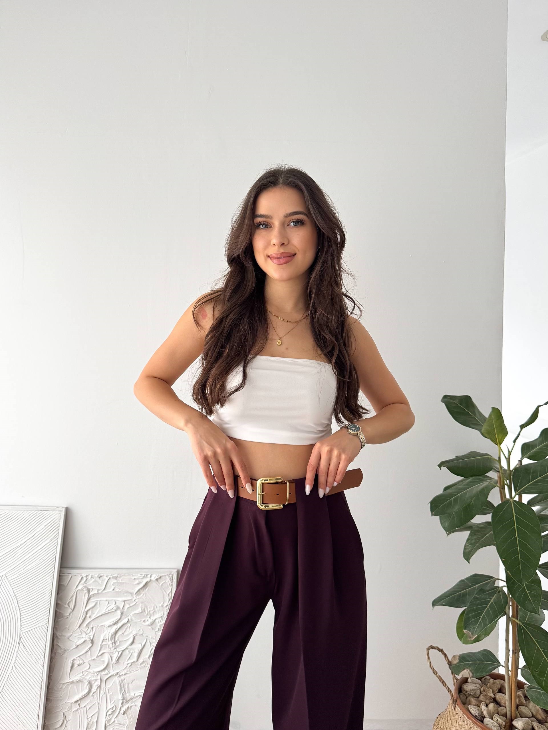 DOUBLE KUMAŞ KEMERLİ BORDO KUMAŞ PANTALON