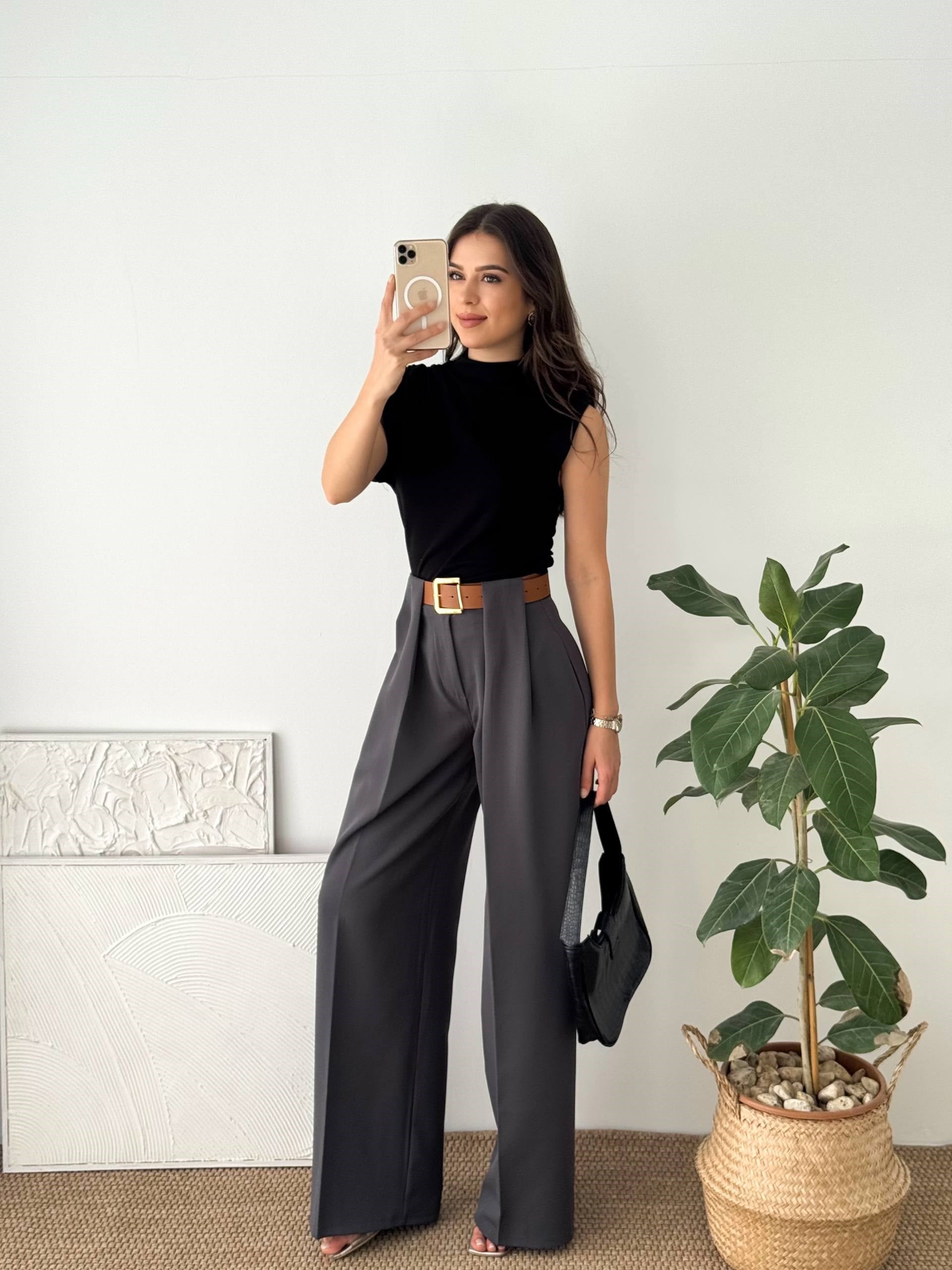 DOUBLE KUMAŞ KEMERLİ GRİ KUMAŞ PANTALON