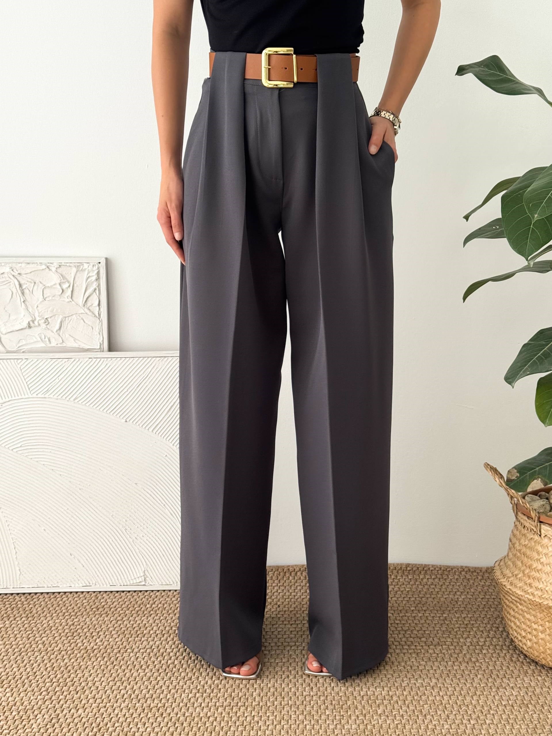 DOUBLE KUMAŞ KEMERLİ GRİ KUMAŞ PANTALON
