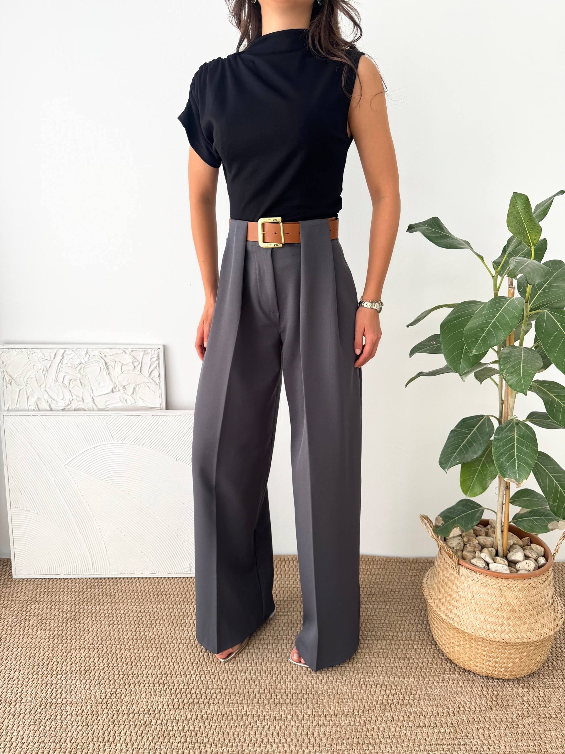 DOUBLE KUMAŞ KEMERLİ GRİ KUMAŞ PANTALON