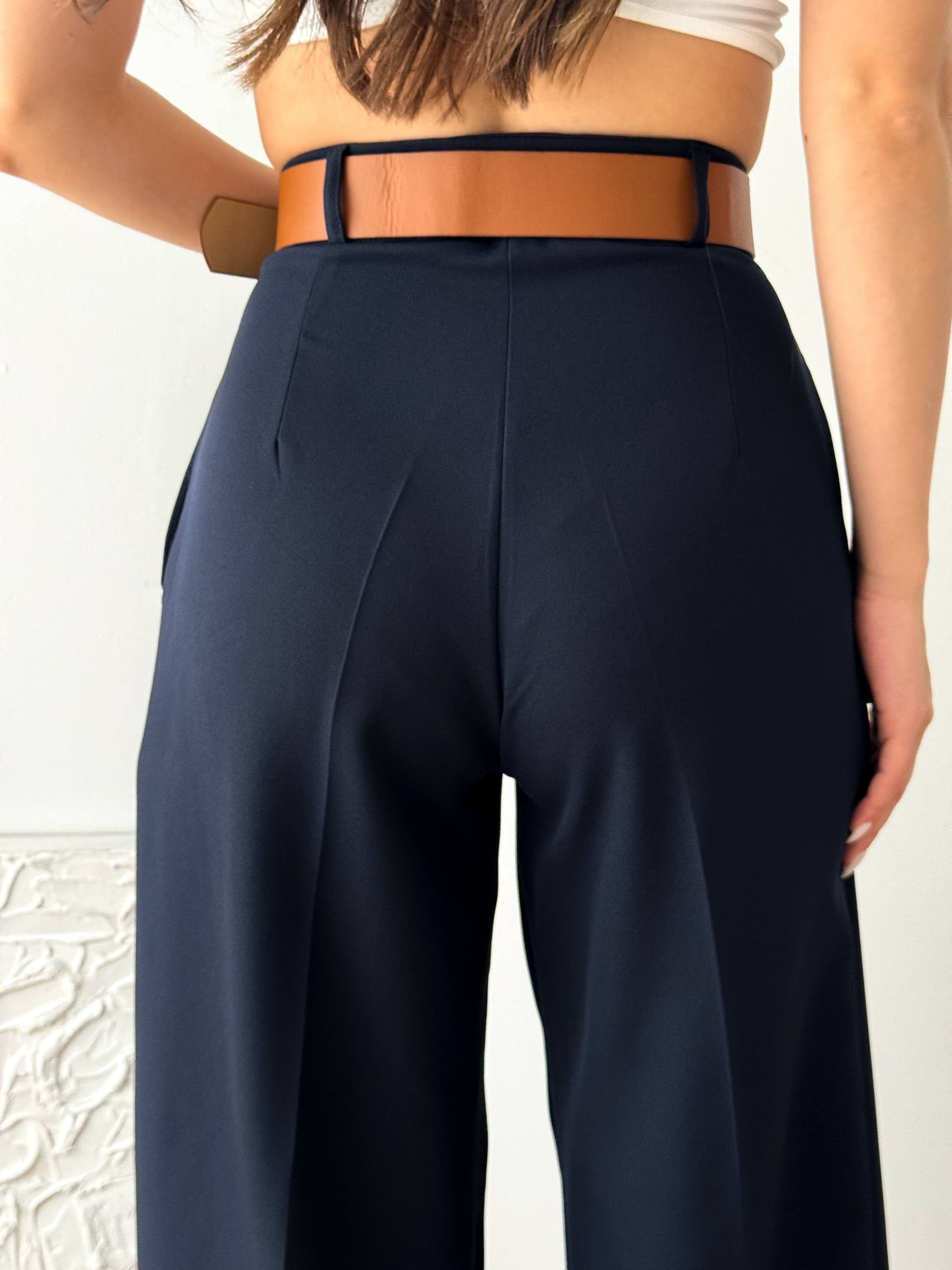 DOUBLE KUMAŞ KEMERLİ LACİVERT KUMAŞ PANTALON