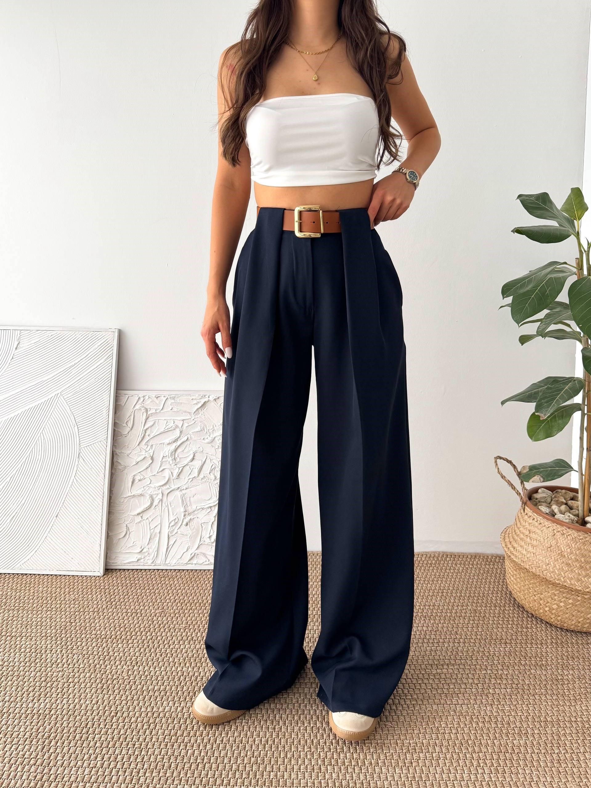 DOUBLE KUMAŞ KEMERLİ LACİVERT KUMAŞ PANTALON