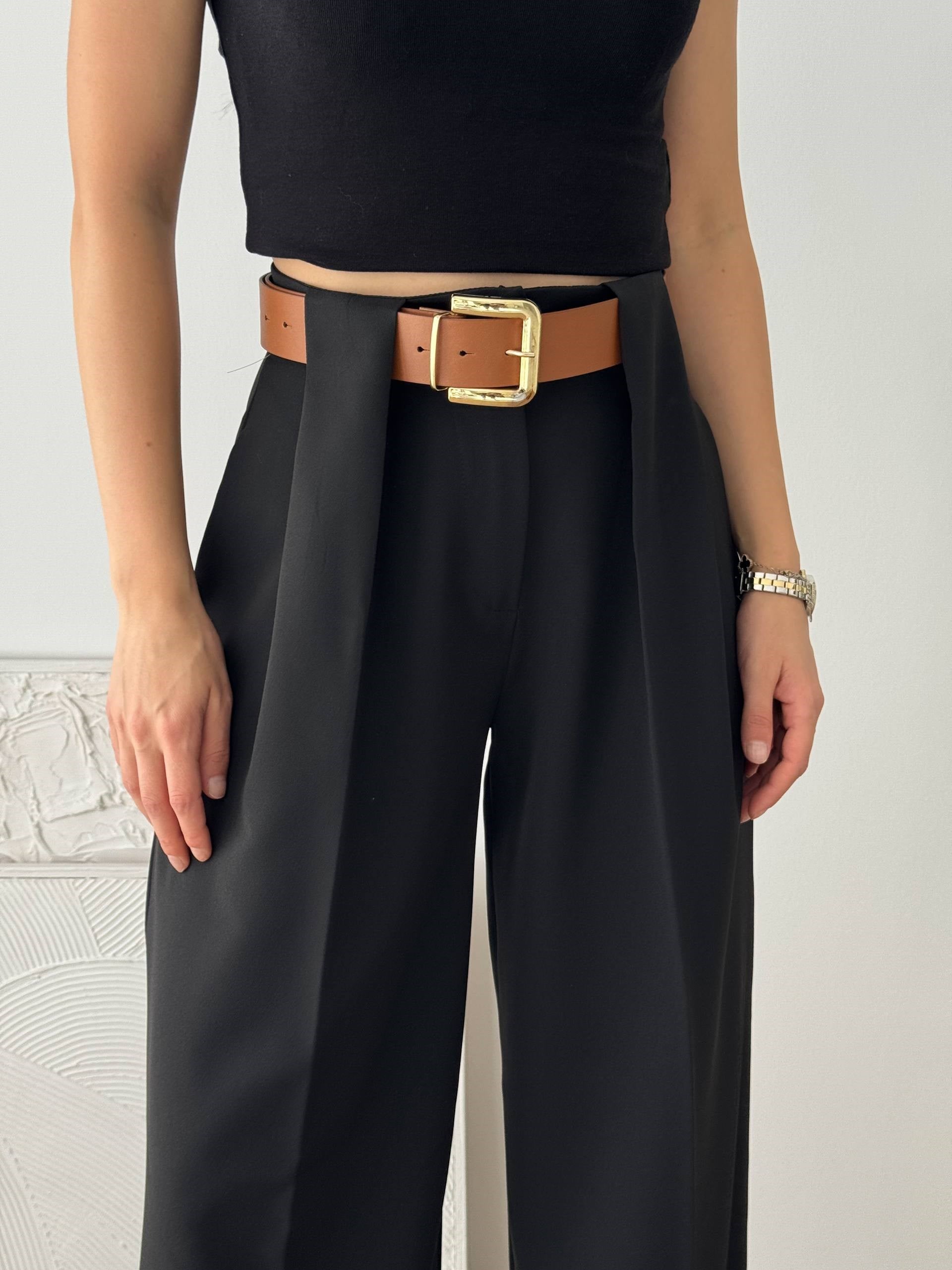 DOUBLE KUMAŞ KEMERLİ SİYAH KUMAŞ PANTALON