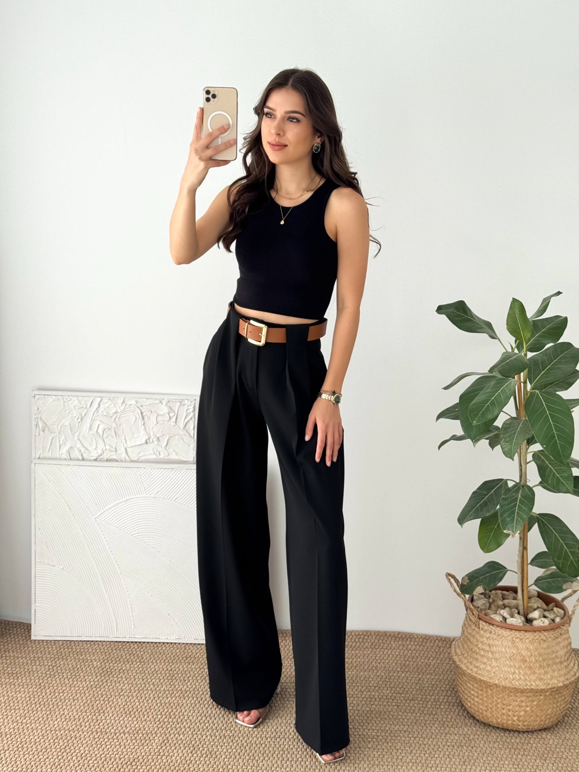 DOUBLE KUMAŞ KEMERLİ SİYAH KUMAŞ PANTALON