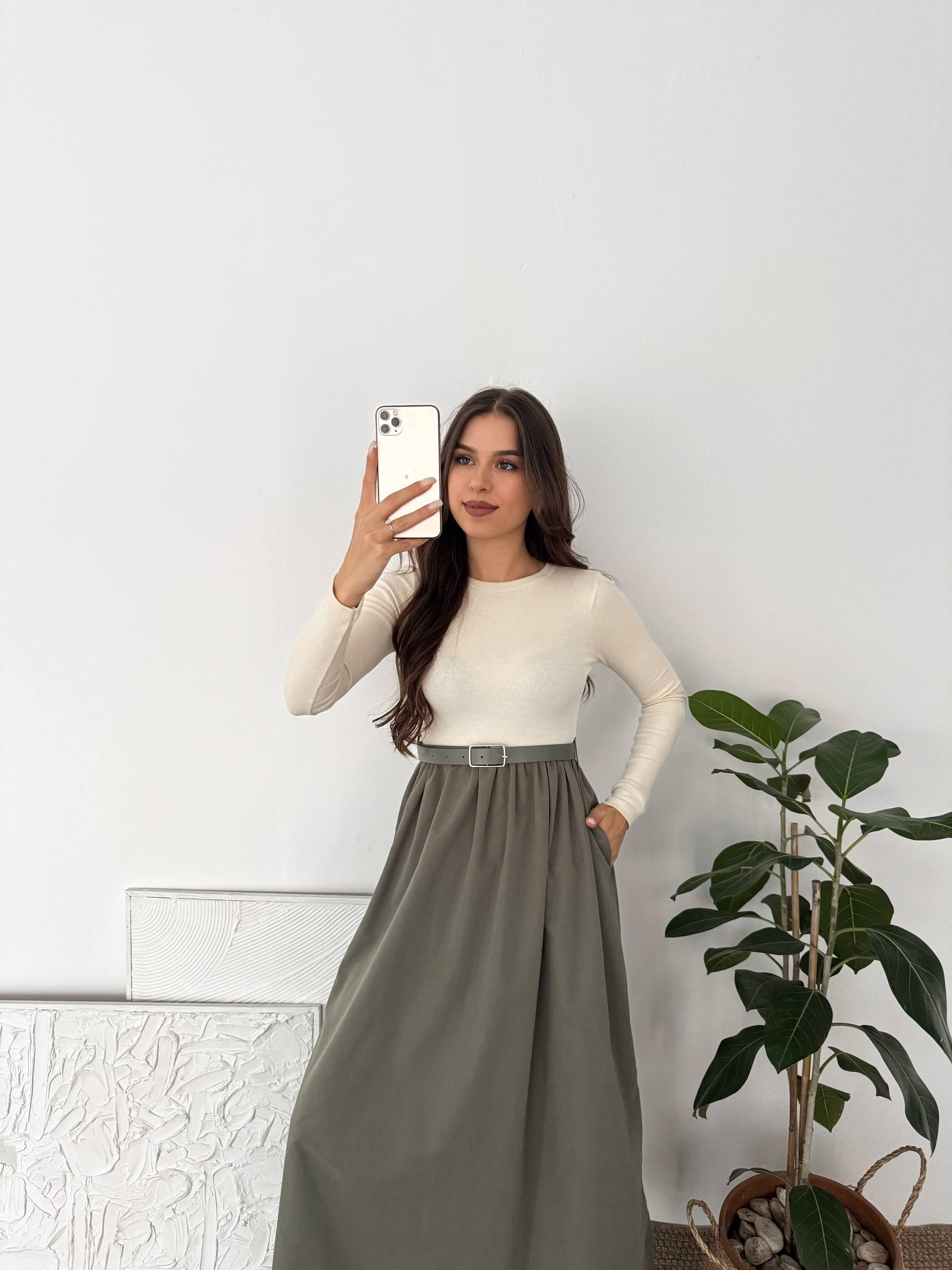 ETEĞİ HAKİ UZUNKOL KEMERLİ ELBİSE