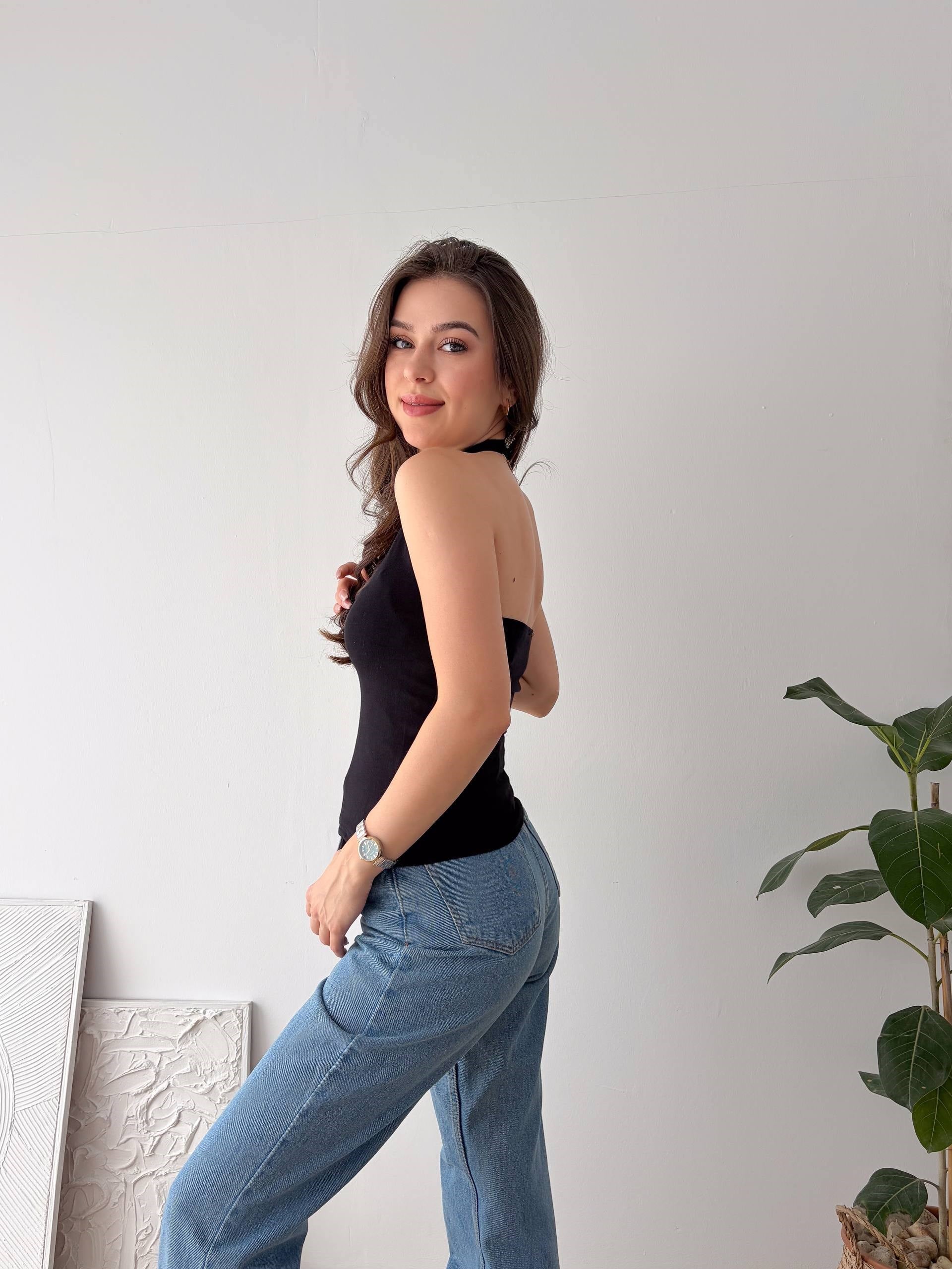 HALTER YAKA SİYAH CROP