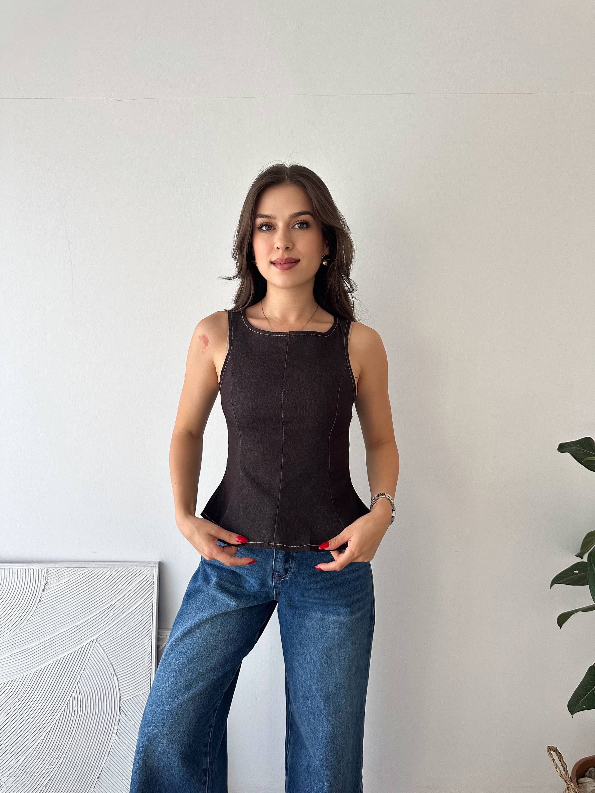 KAHVERENGİ KOT BLUZ