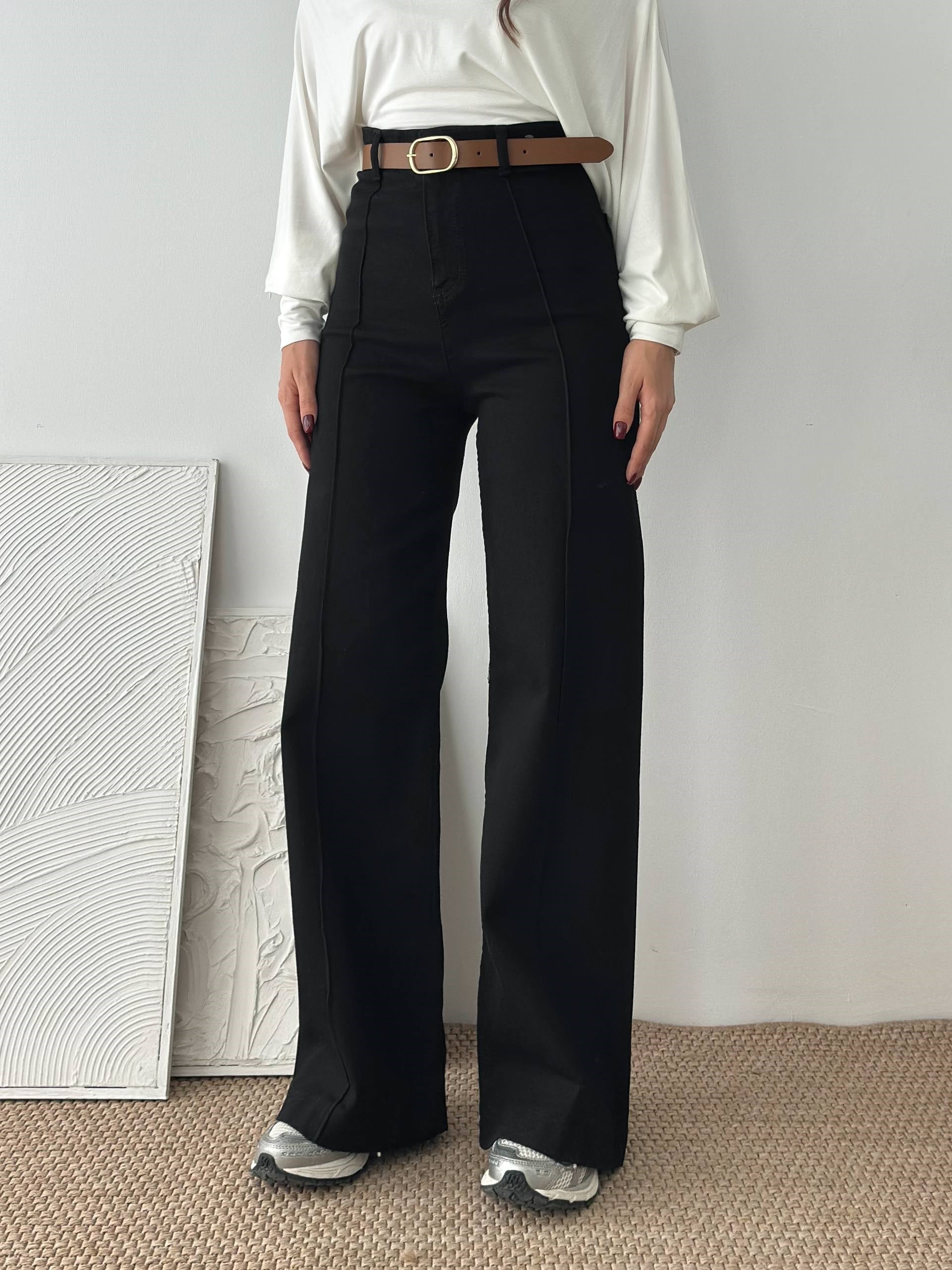 KEMERLİ SİYAH KOT PANTALON