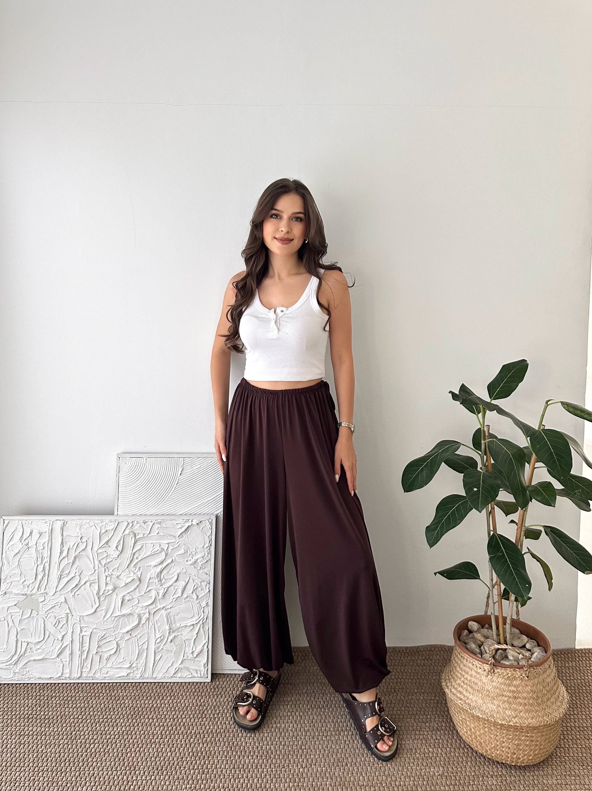 PAÇA LASTİK KAHVERENGİ ŞALVAR PANTALON