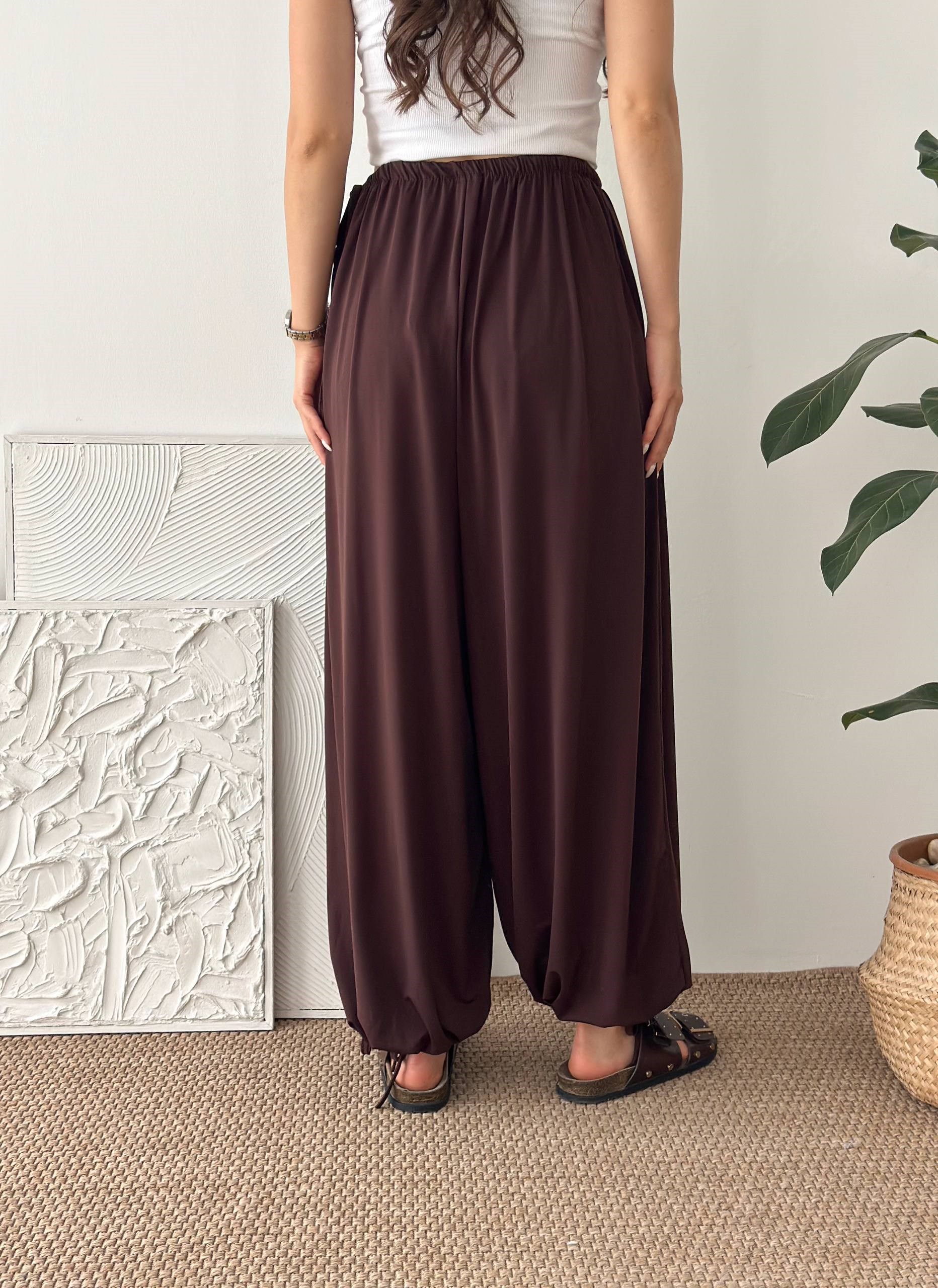 PAÇA LASTİK KAHVERENGİ ŞALVAR PANTALON