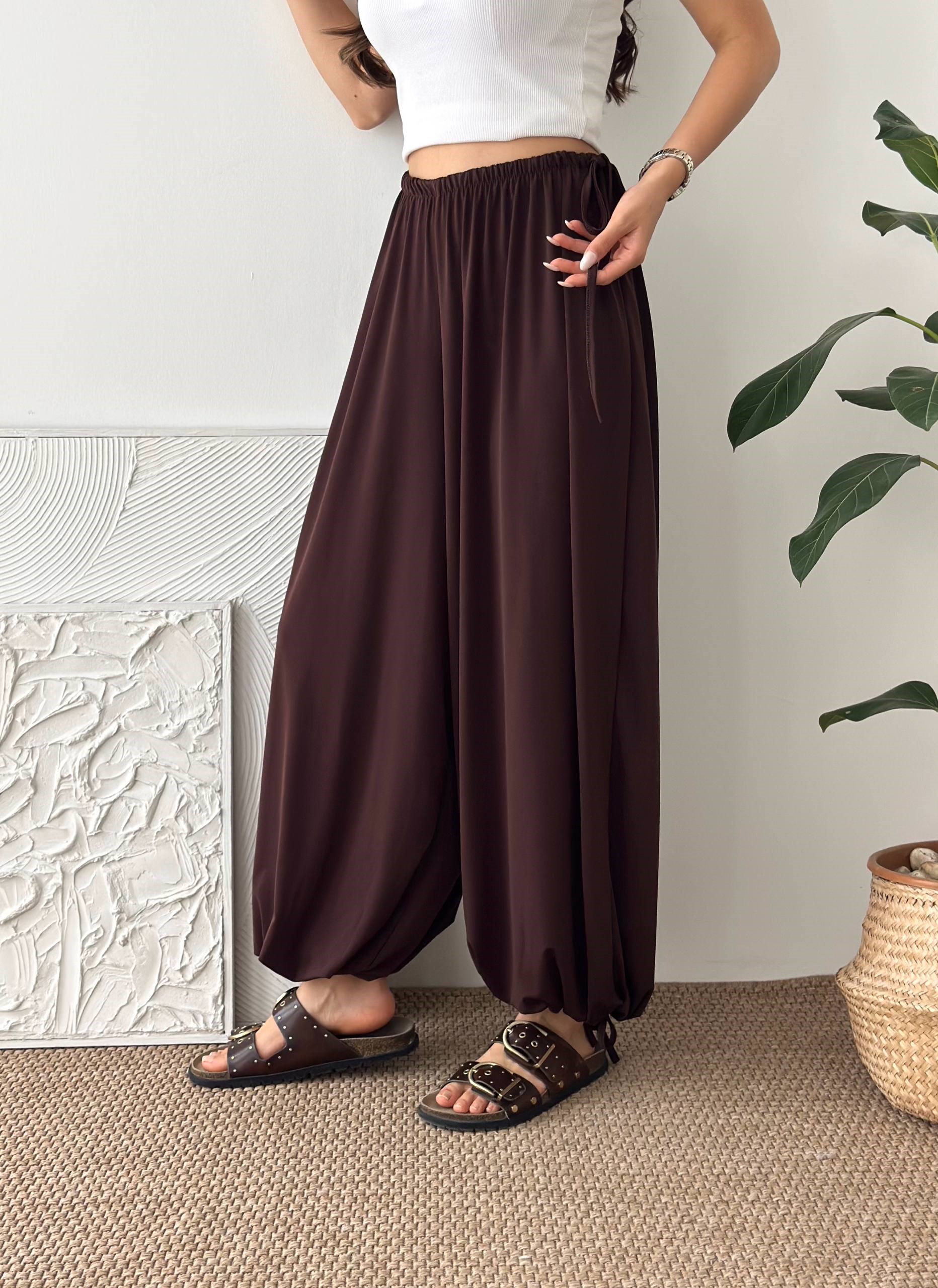 PAÇA LASTİK KAHVERENGİ ŞALVAR PANTALON