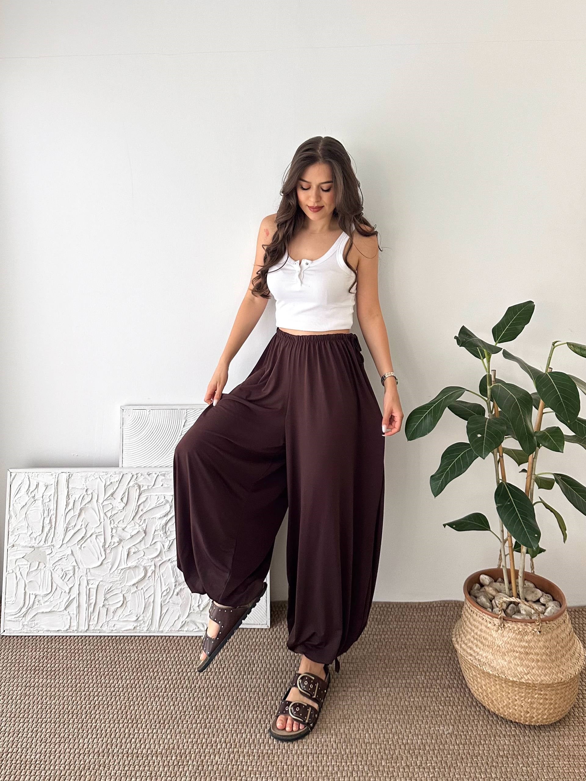 PAÇA LASTİK KAHVERENGİ ŞALVAR PANTALON