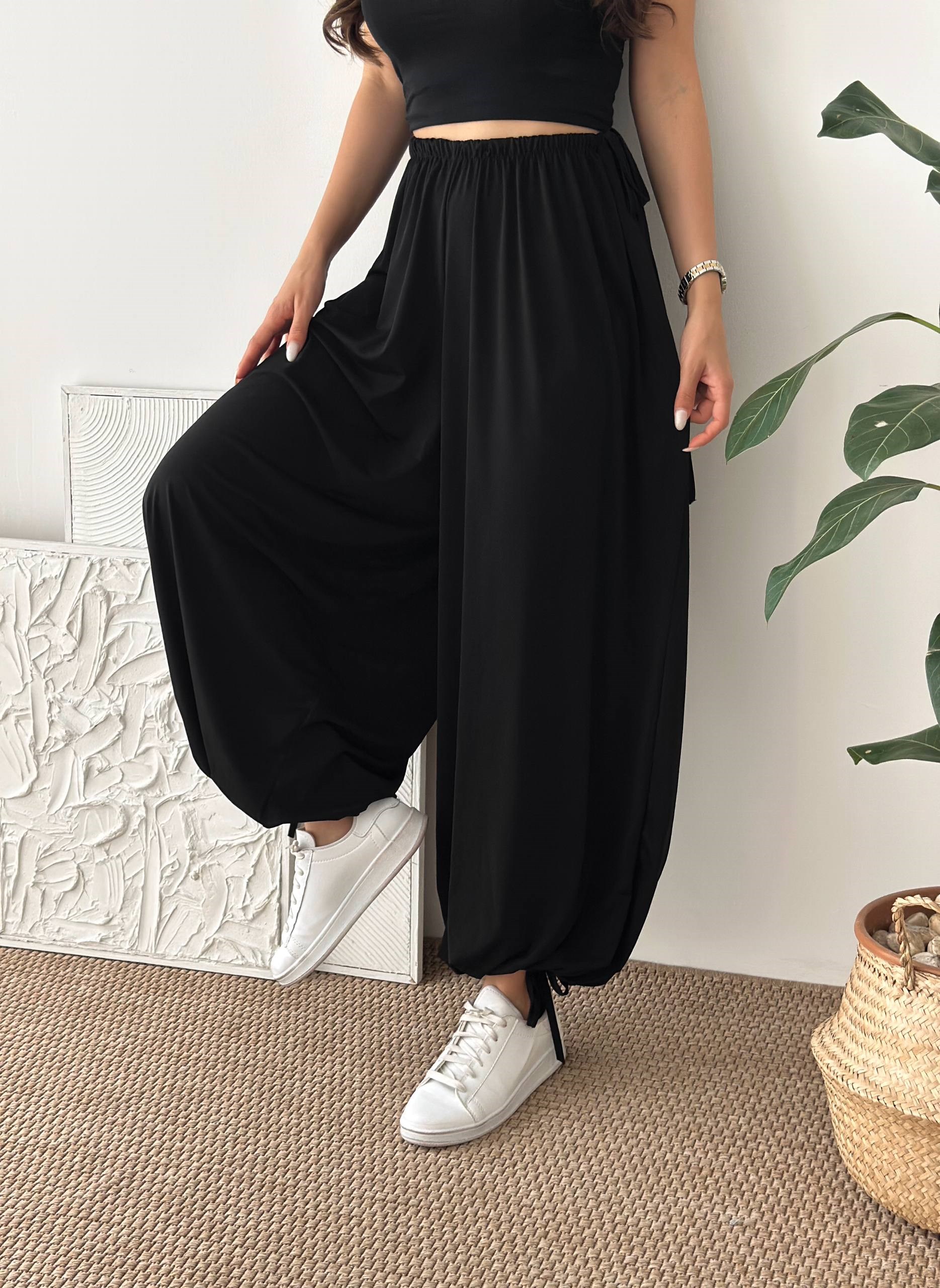 PAÇA LASTİK SİYAH ŞALVAR PANTALON
