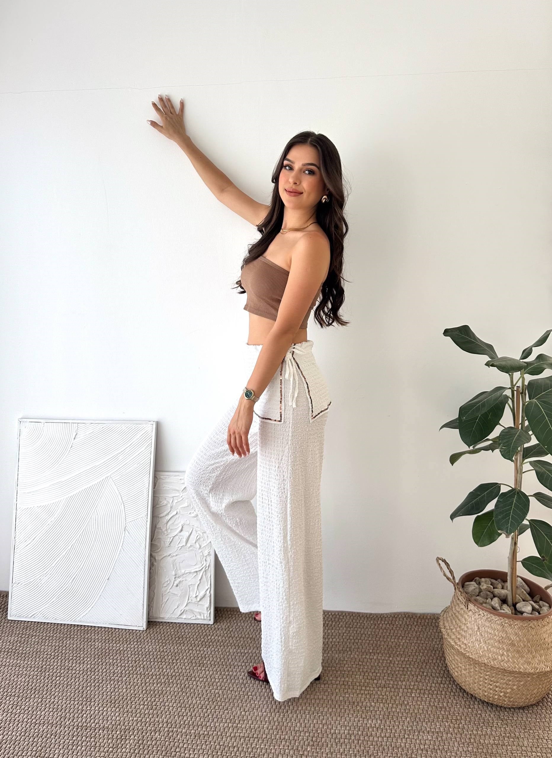 PAYETLİ BEYAZ ETEK PANTALON