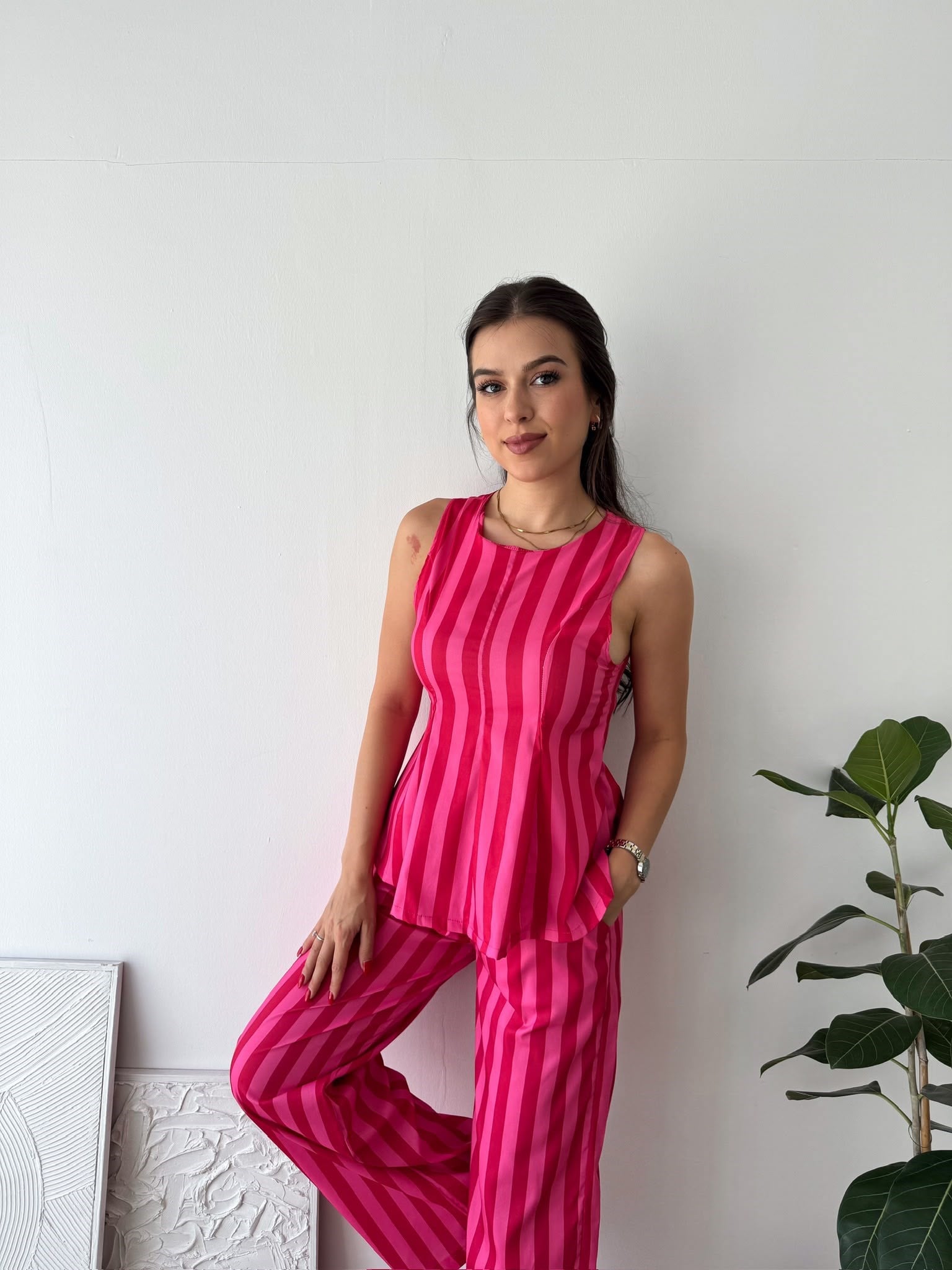 PEMBE KIRMIZI ÇİZGİLİ BLUZ PANTALON TAKIM