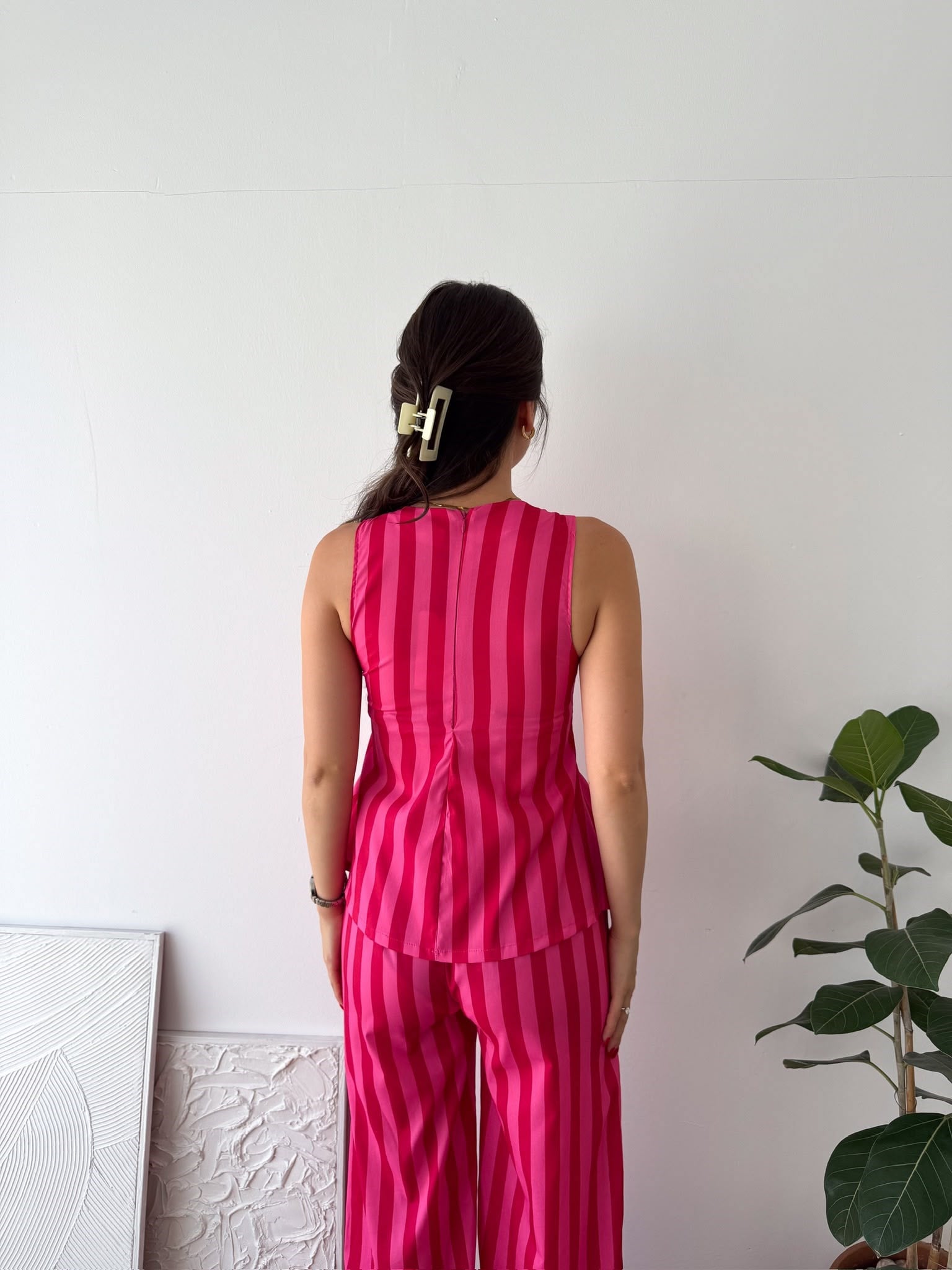 PEMBE KIRMIZI ÇİZGİLİ BLUZ PANTALON TAKIM