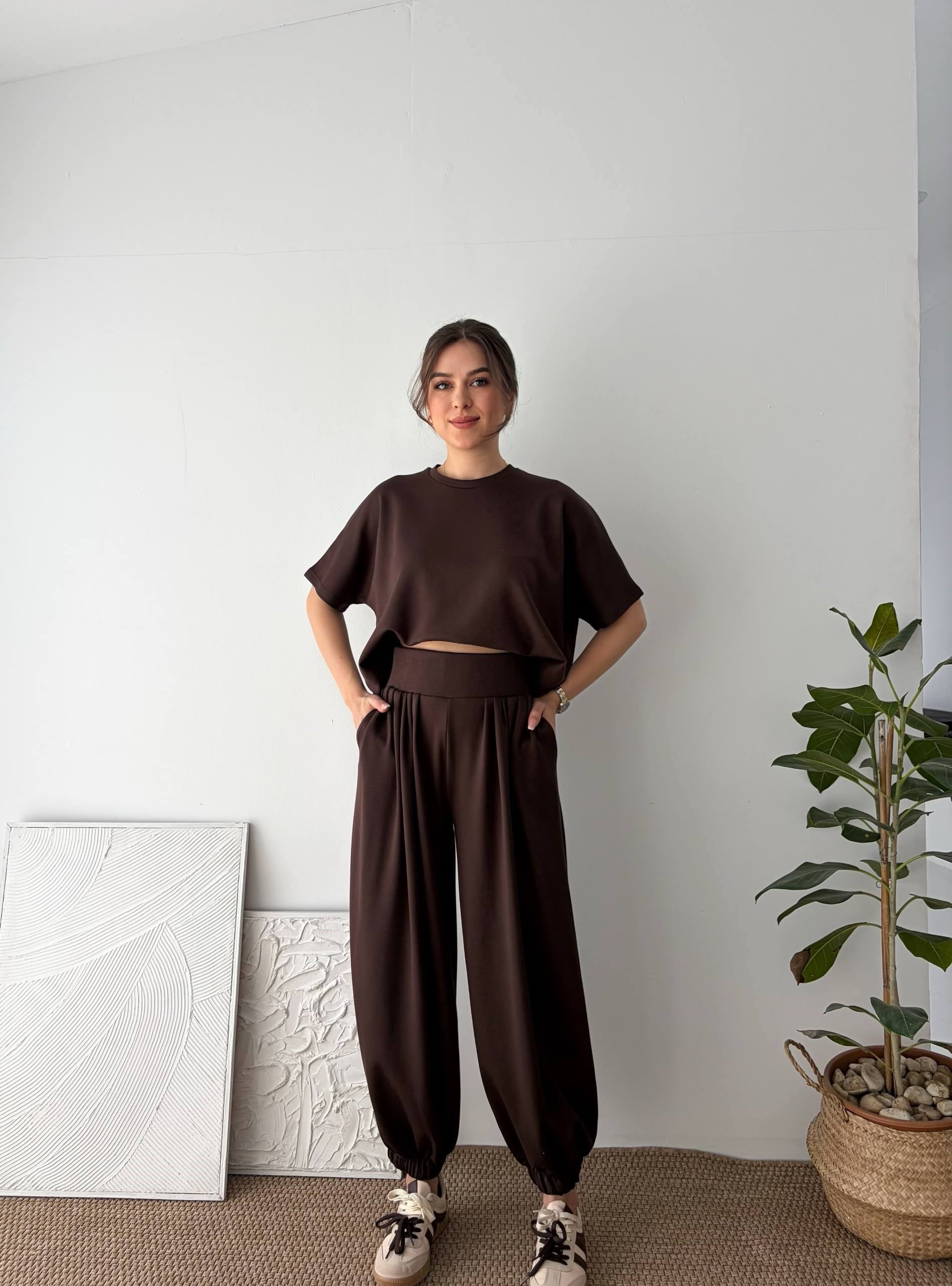 PİLELİ JOGGER KAHVERENGİ TAKIM