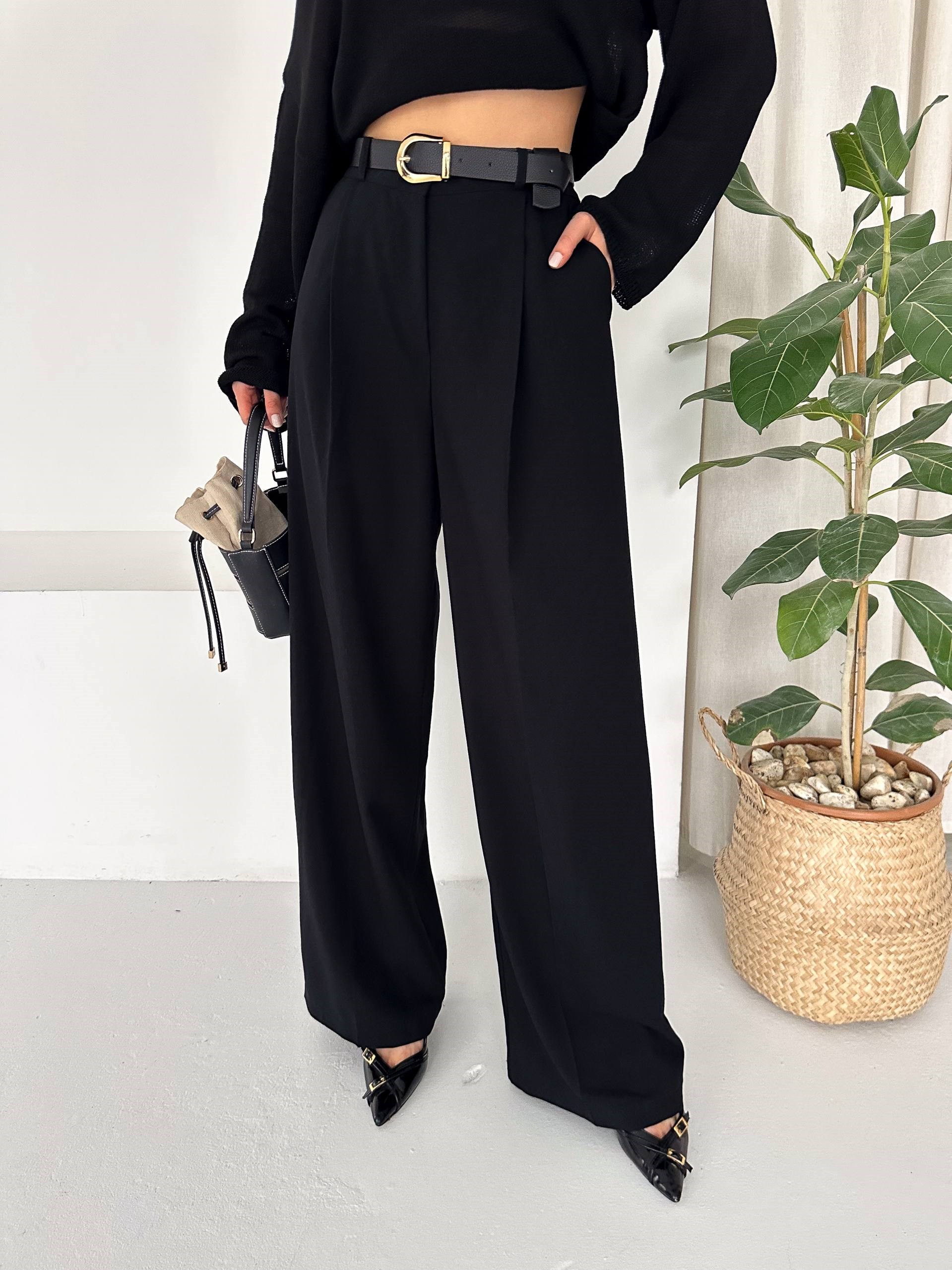 POLİVİSKON KEMERLİ SİYAH PANTALON
