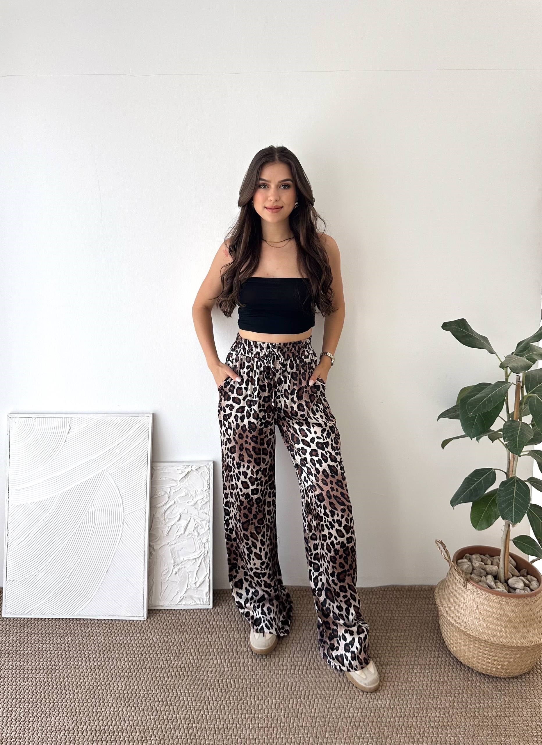 SATEN KUMAŞ AÇIK KAHVE LEOPAR DESEN PANTALON