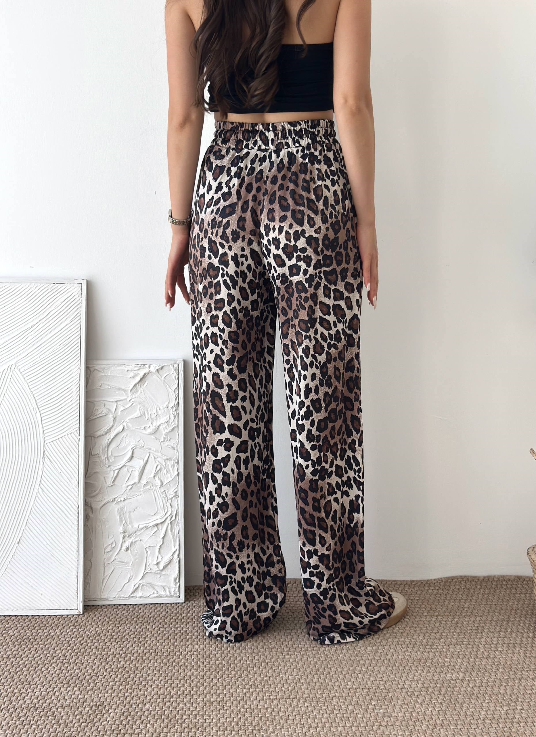 SATEN KUMAŞ AÇIK KAHVE LEOPAR DESEN PANTALON
