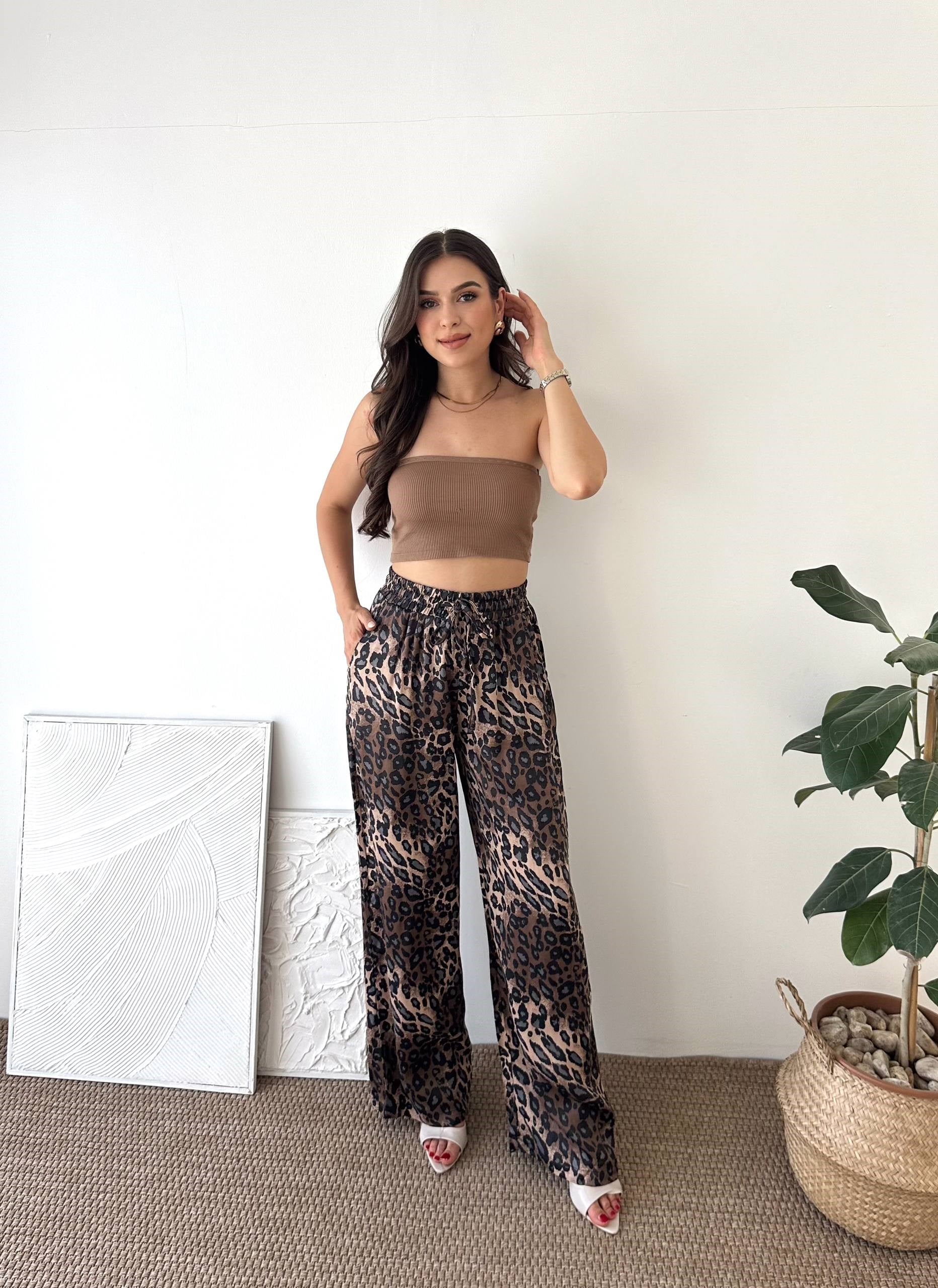 SATEN KUMAŞ KAHVE LEOPAR DESEN PANTALON