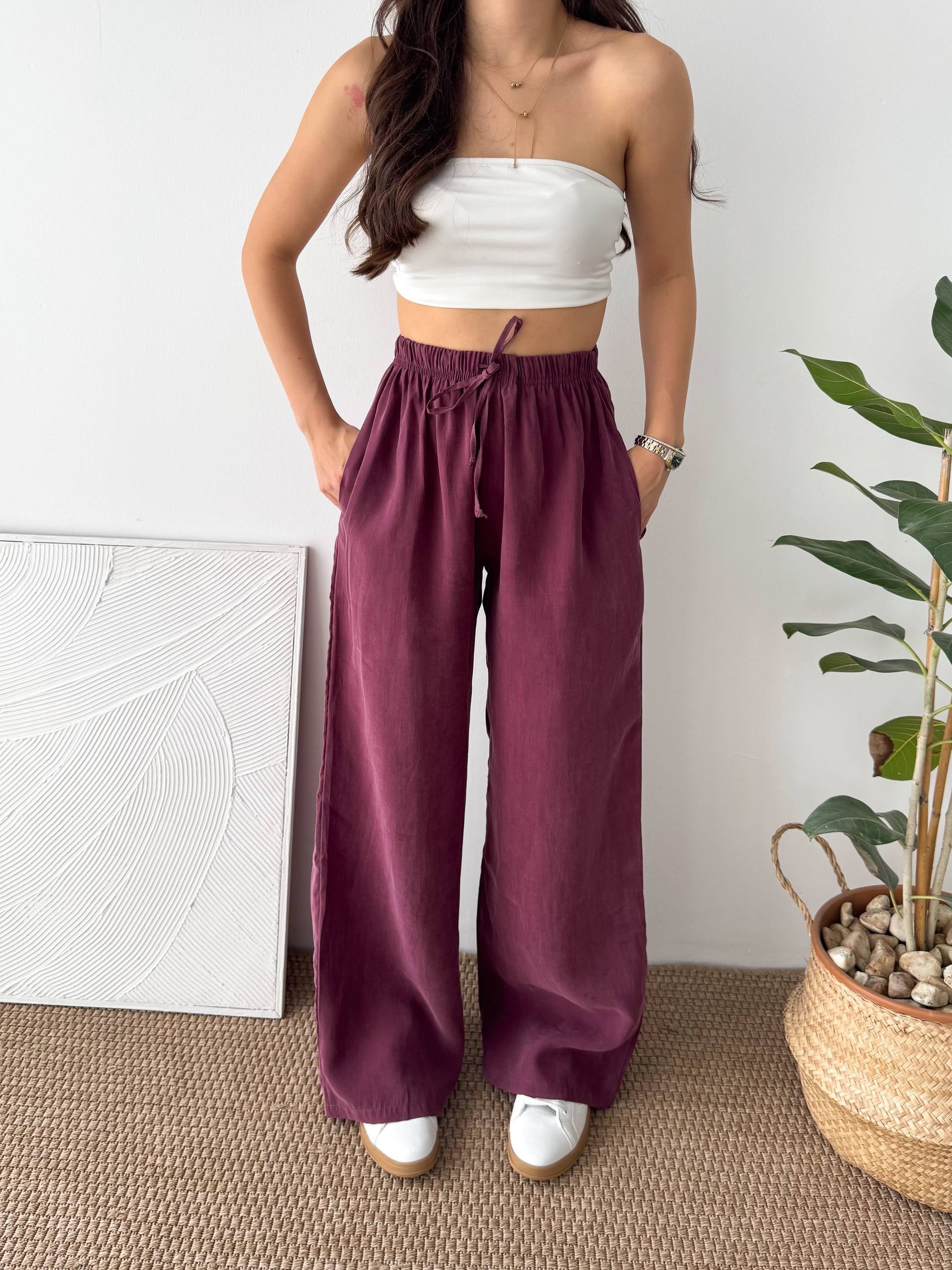 SOFT DOKULU BORDO KUMAŞ PANTALON