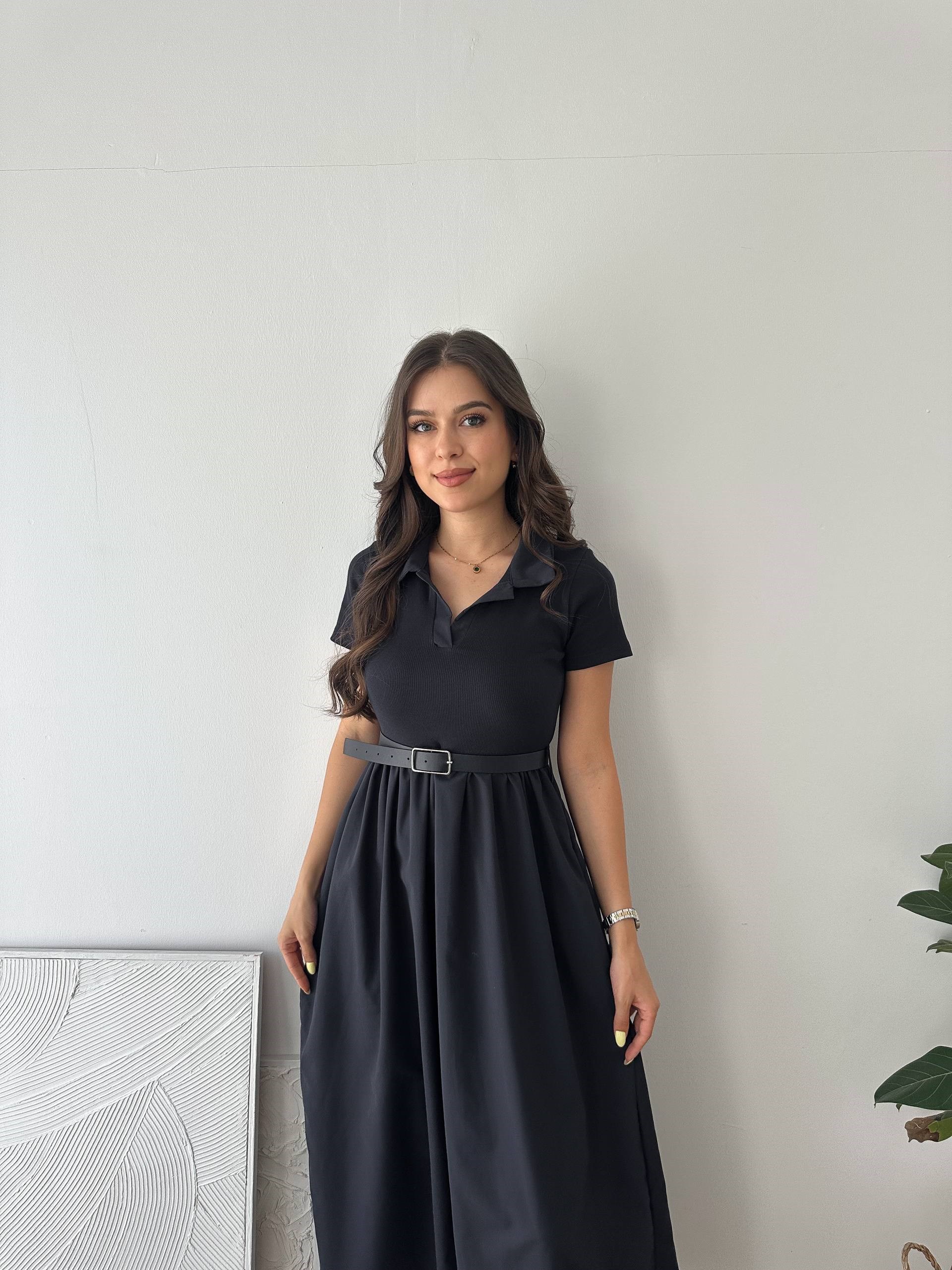 YAKALI KEMERLİ LACİVERT ELBİSE