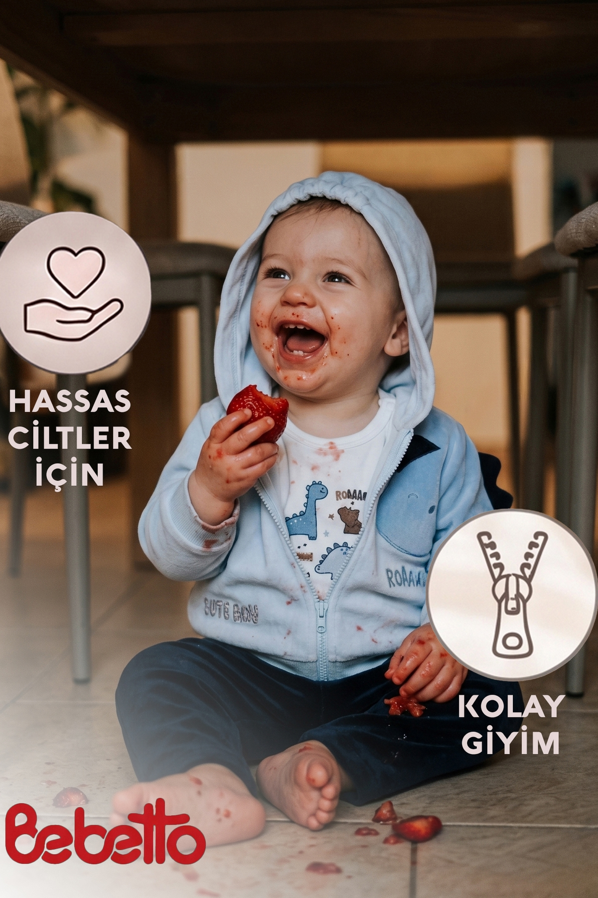 KADİFE KAPŞONLU HIRKA 3LÜ TAKIM (CUTE DINO) MAVİ