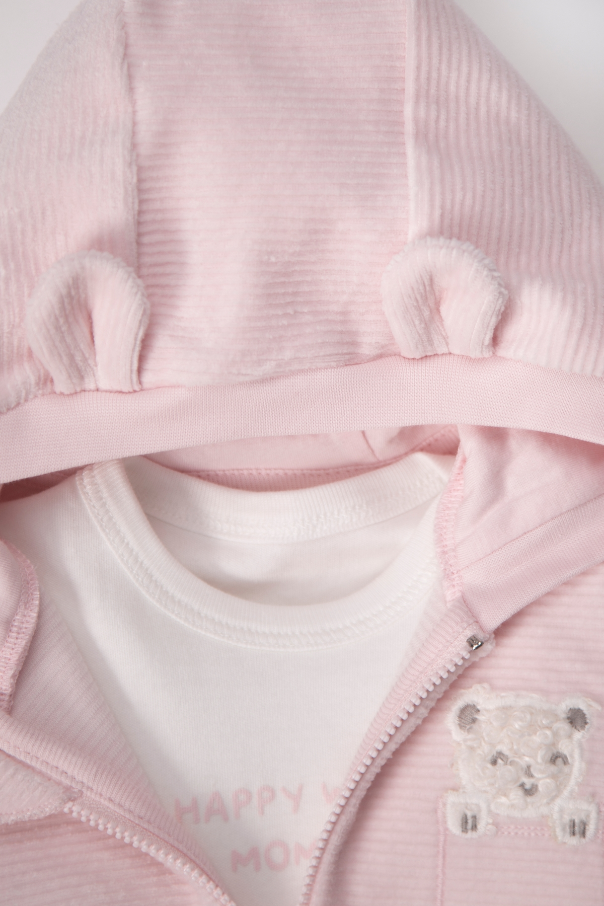 KADİFE KAPŞONLU HIRKA 3LÜ TAKIM (HAPPY WITH MOMMY) PEMBE