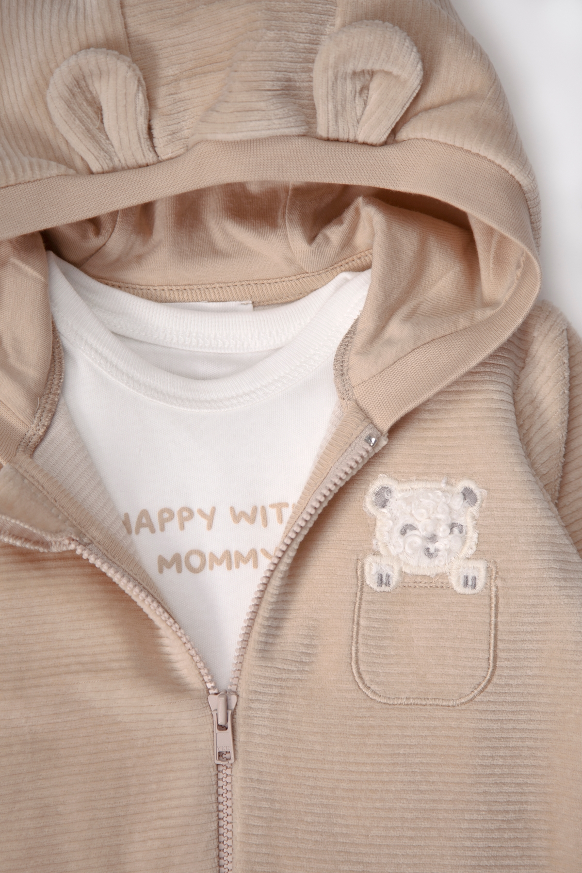 KADİFE KAPŞONLU HIRKA 3LÜ TAKIM (HAPPY WITH MOMMY) BEJ