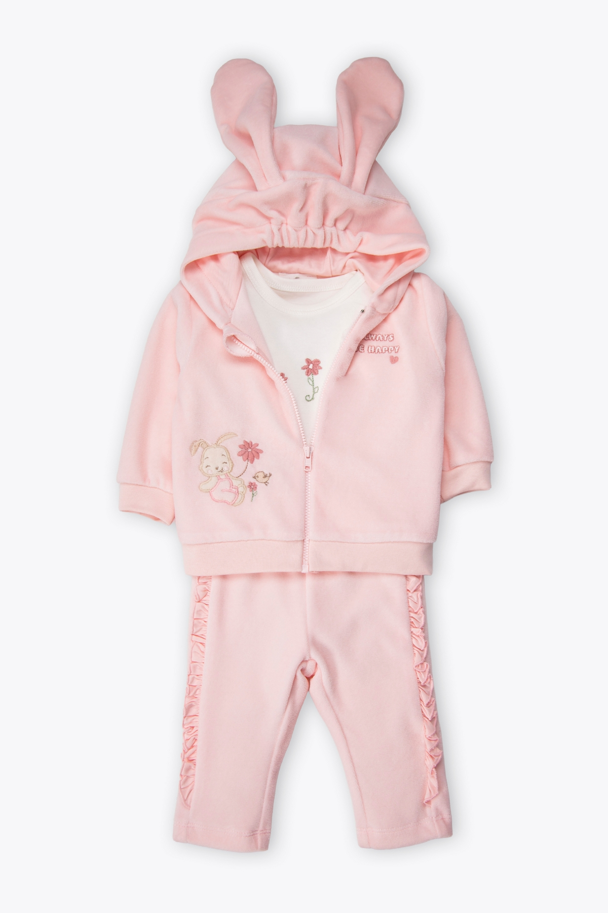 KADİFE KAPŞONLU HIRKA 3LÜ TAKIM (HAPPY BUNNY) PEMBE